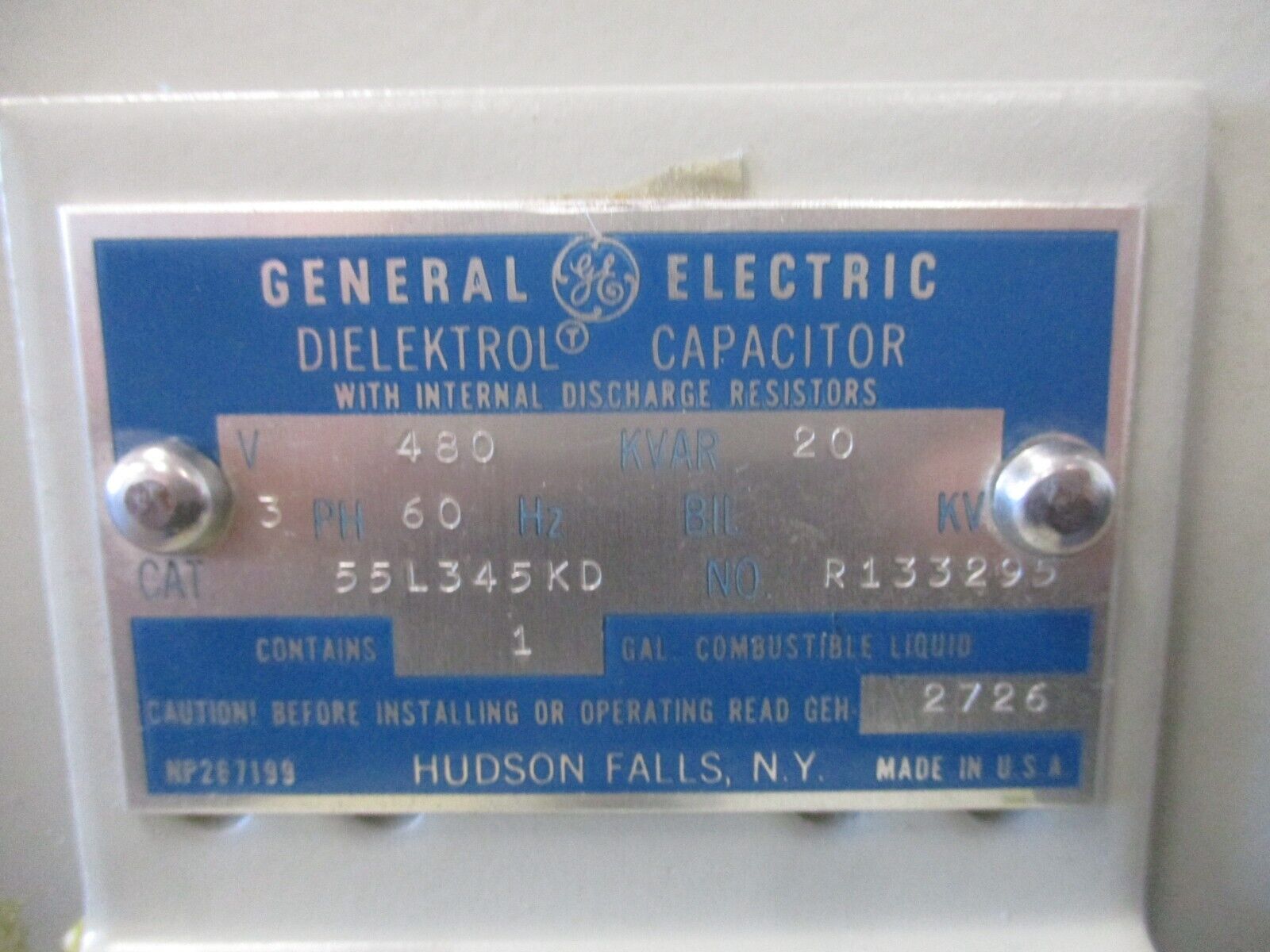 GE Dielektrol Capacitor 55L345KD 20 KVAR 480V 60Hz 3Ph Used