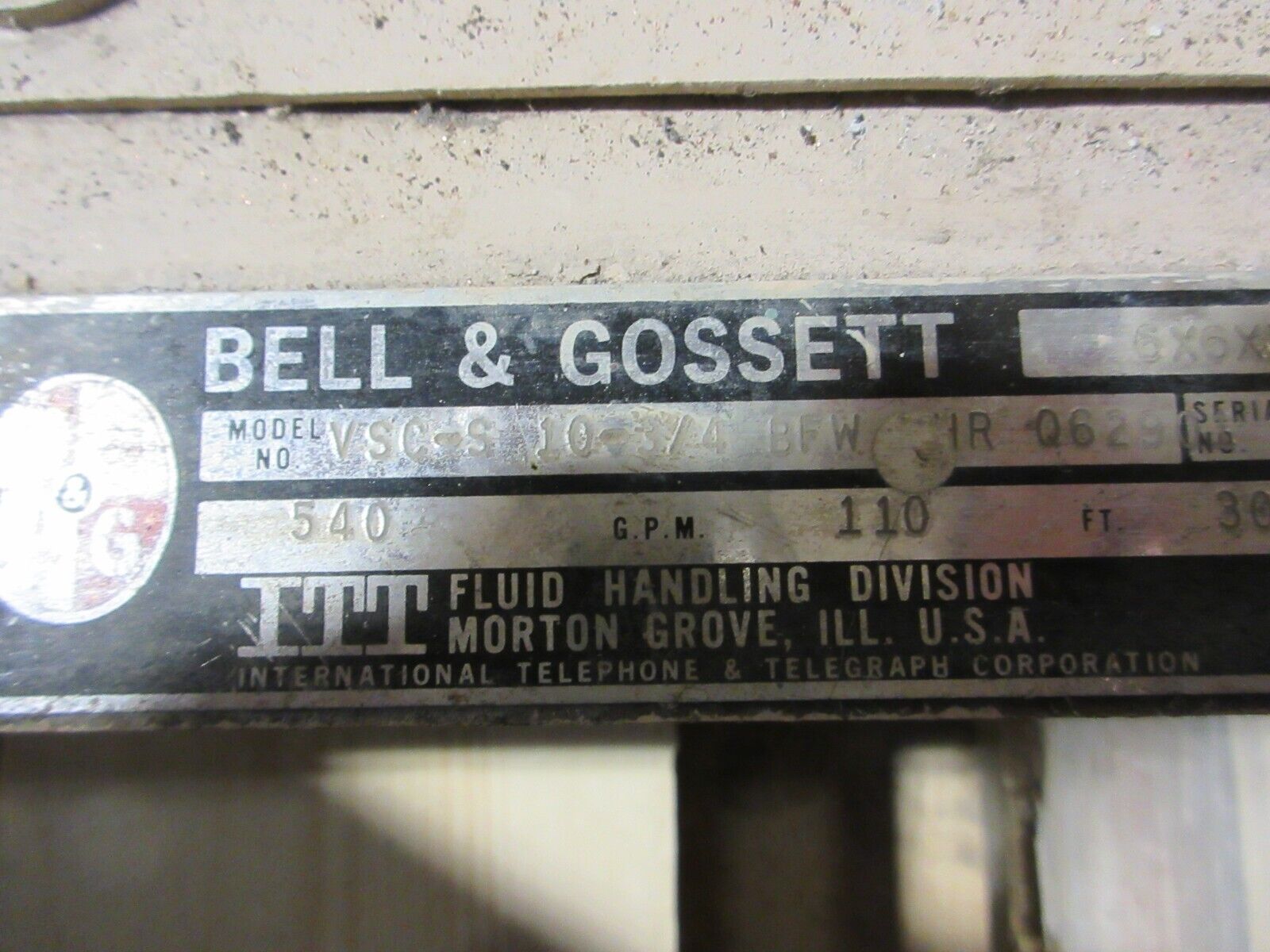 Bell & Gossett 6X6X12 Pump VSC-S 10-3/4 BFW RHR Q62901 30HP 540GPM 1750RPM Used