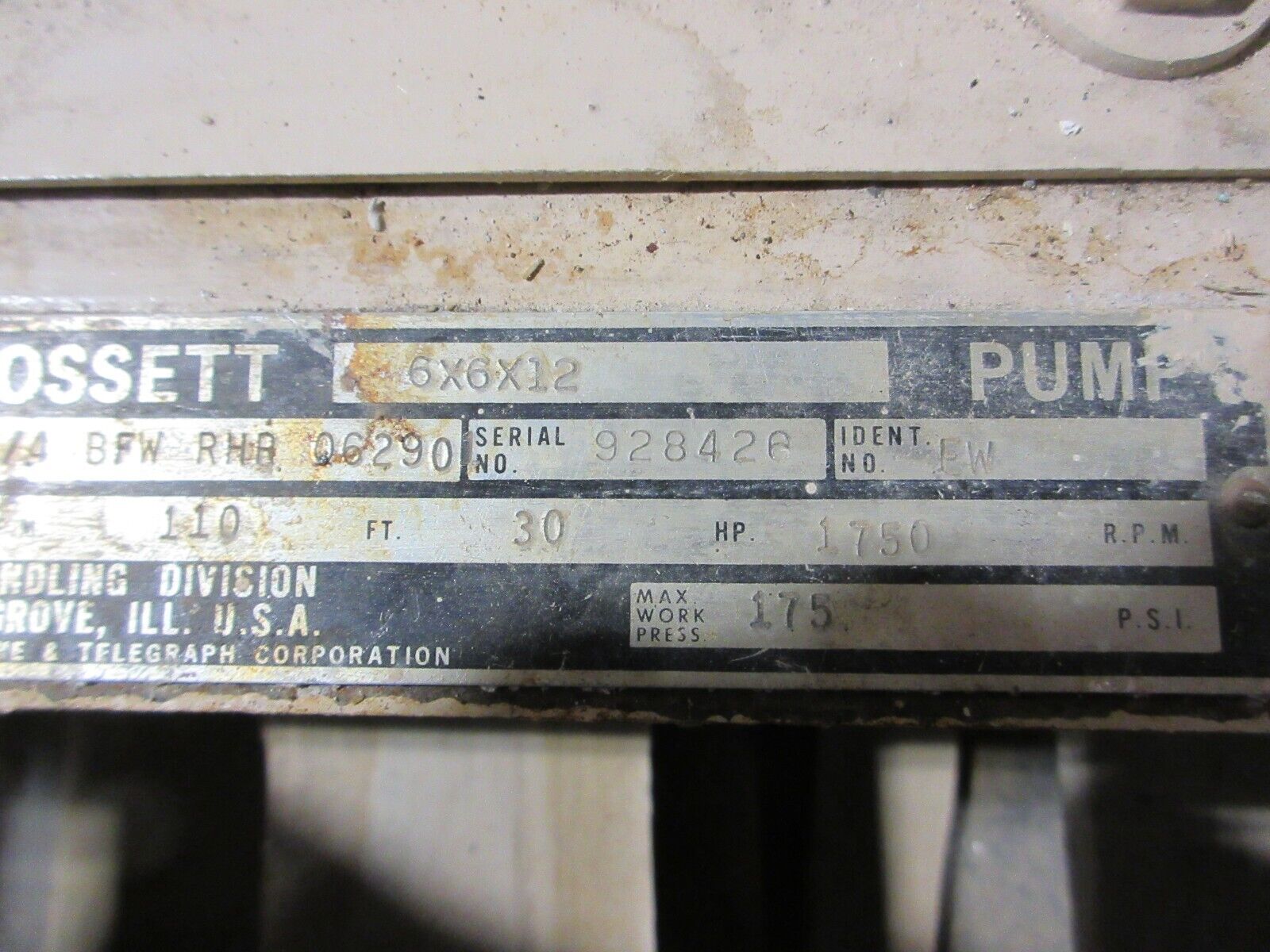 Bell & Gossett 6X6X12 Pump VSC-S 10-3/4 BFW RHR Q62901 540GPM 30HP 1750RPM Used