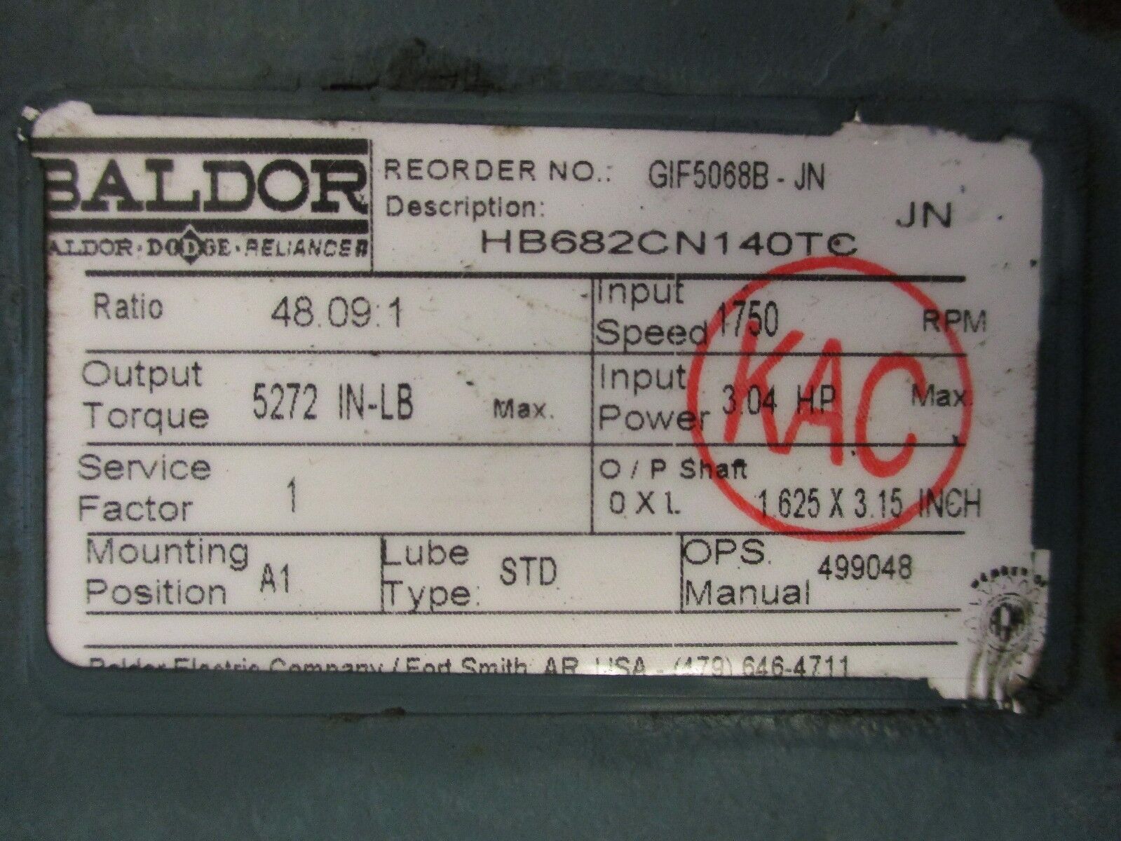 Baldor Gear Reducer HB682CN140TC Ratio 48.09:1 5272 in/lb Torque Used