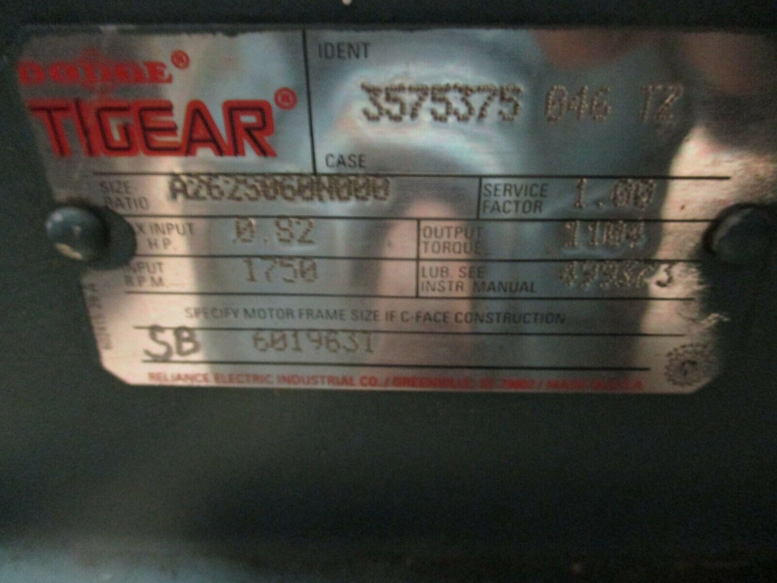 Dodge Tigear Reducer A262S060N000 Ratio: 60 0.82HP In 1750RPM In Used