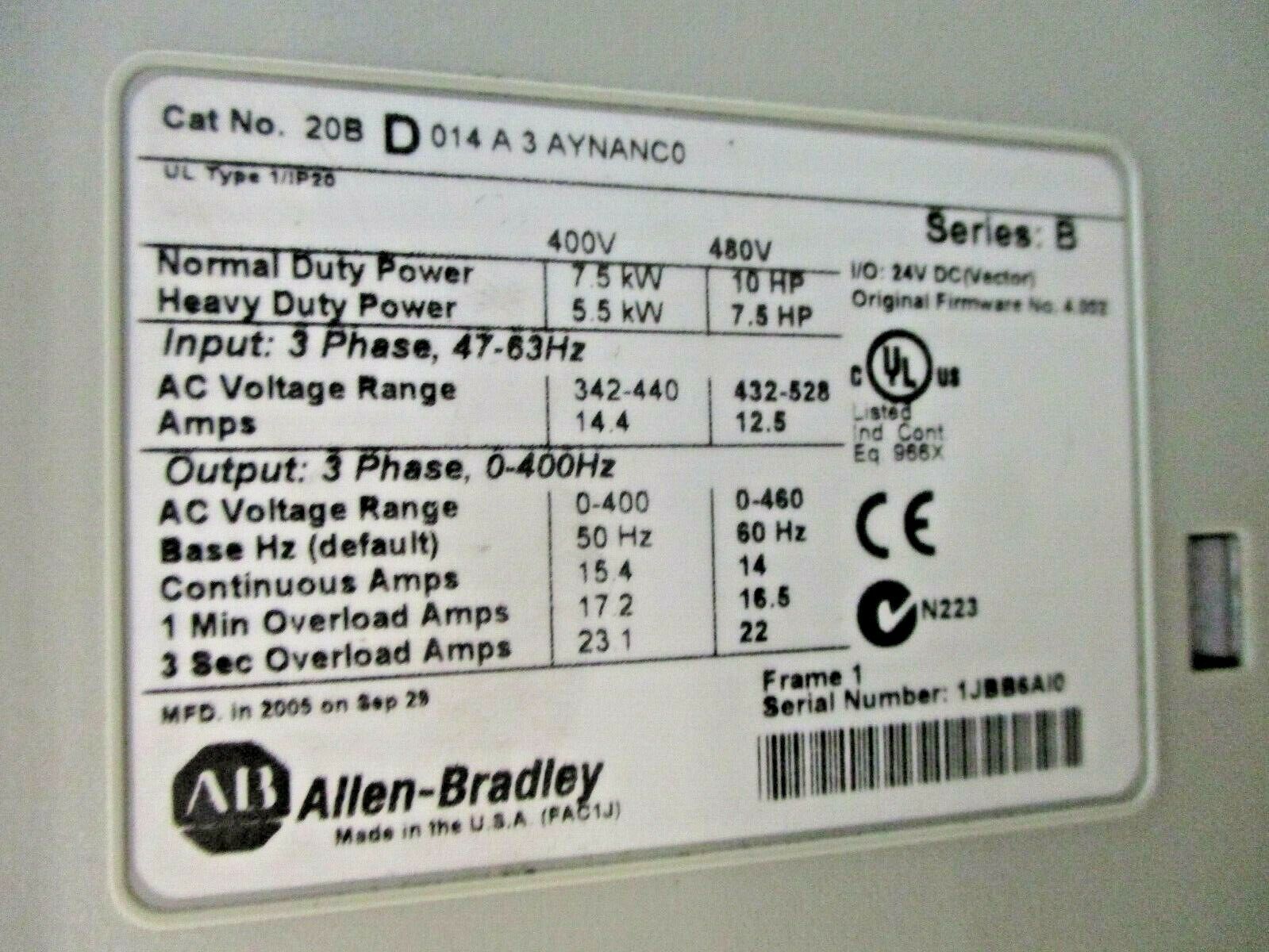 Allen-Bradley PowerFlex 700 AC Drive 20BD014A3AYNANC0 Series B 10HP 3Ph, Used
