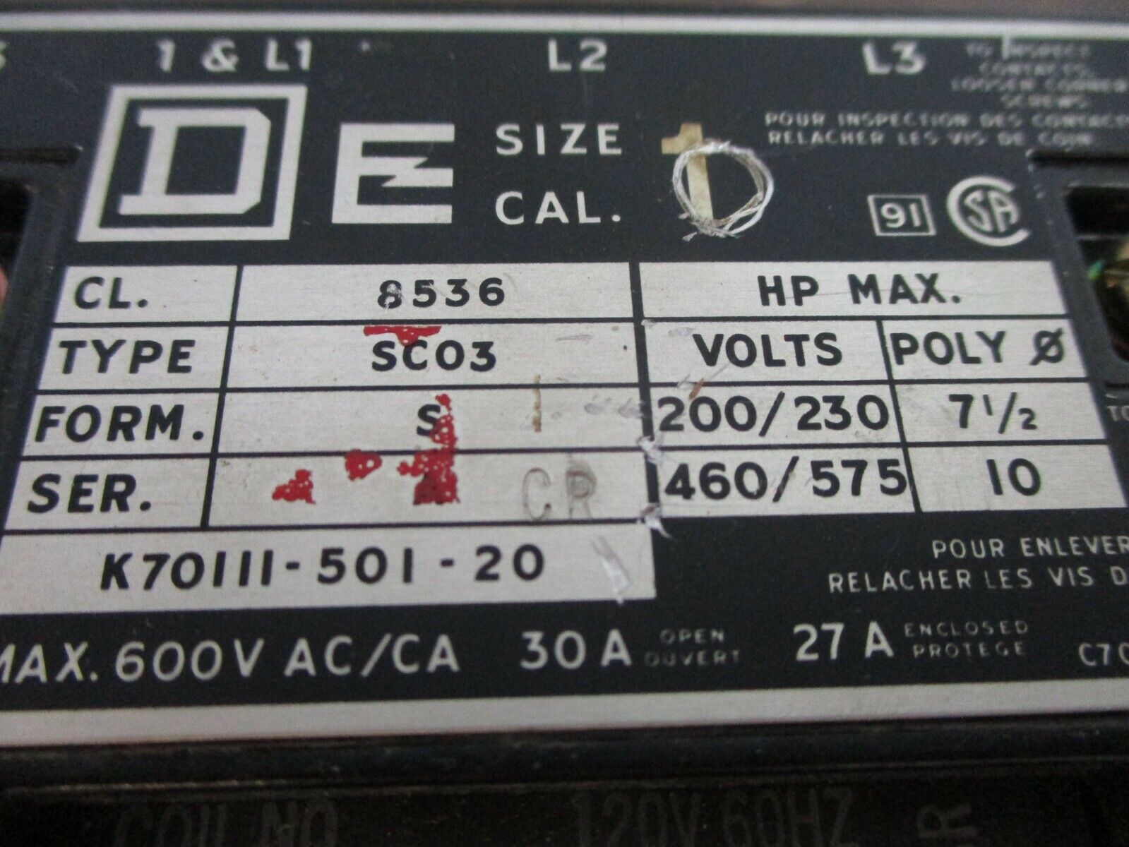 Square D Size 1 Starter 8536 SC03 S Ser. A 120V Coil 600V *Heaters May Vary*