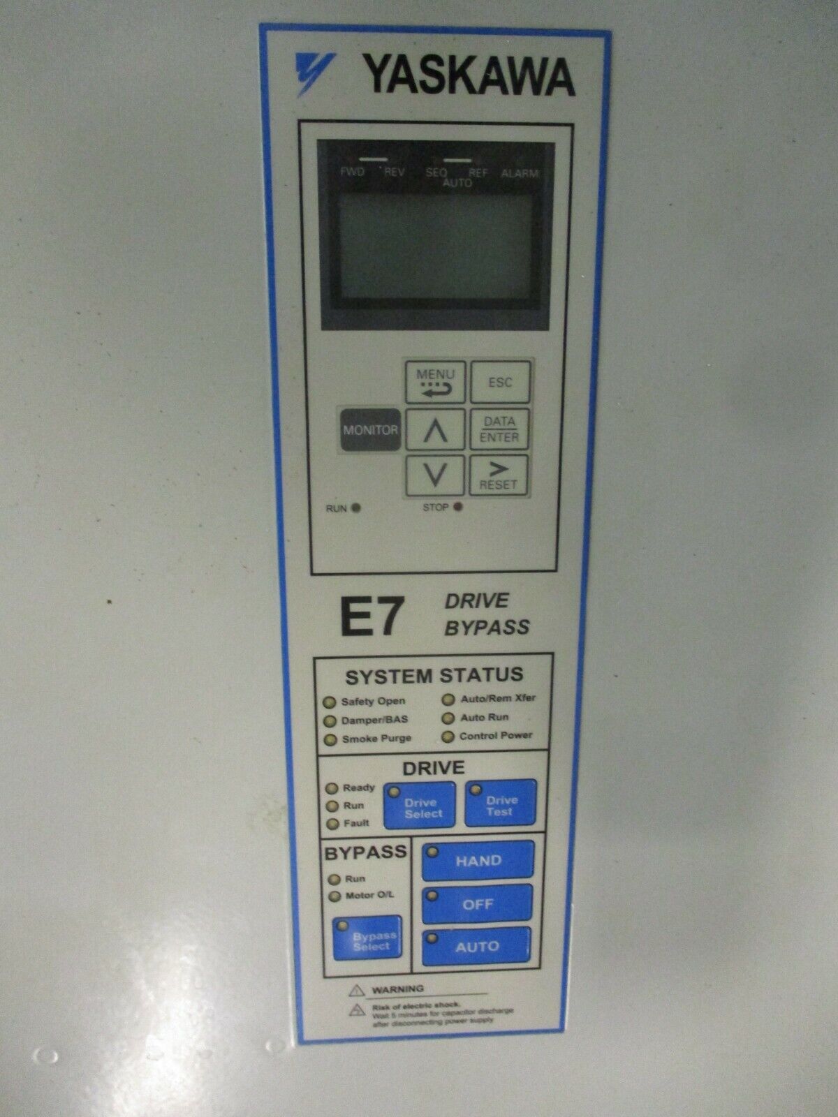 Yaskawa E7 AC Drive w/ Bypass E7BVD046YX 15HP 208V 3Ph Used