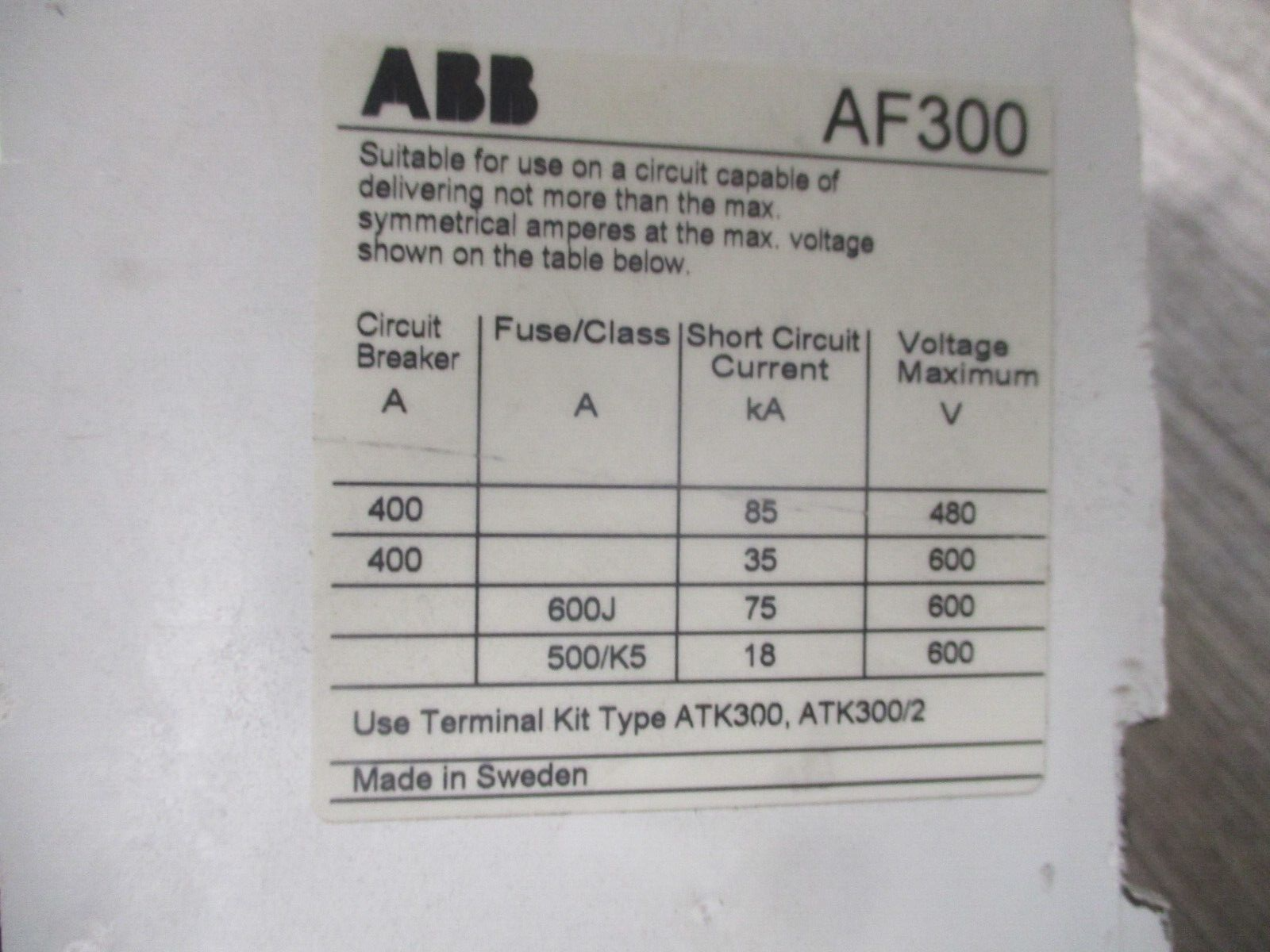 ABB Contactor AF300-30 20- Govor coil 400A 600V w/Aux Contact Used