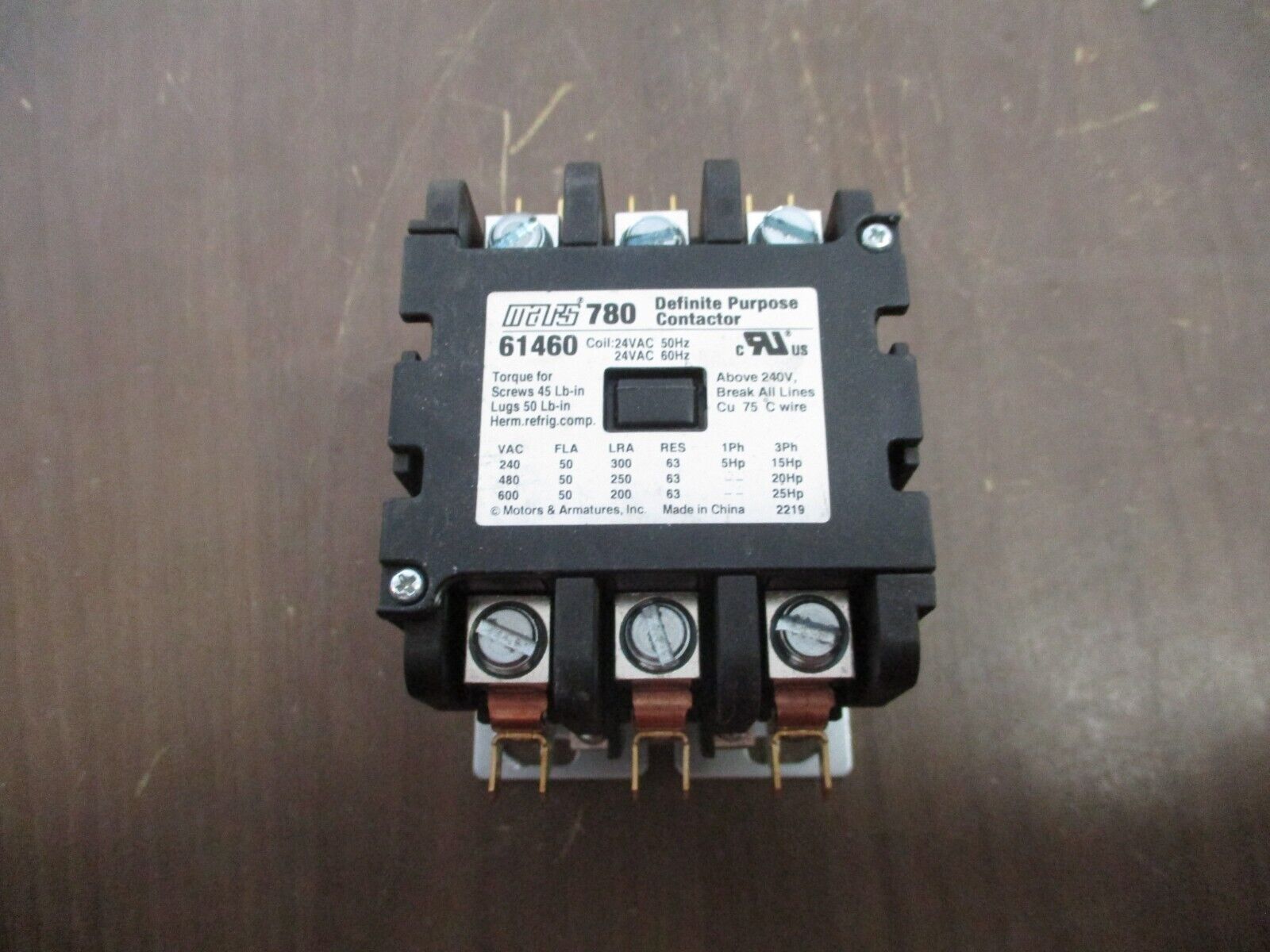 Mars 780 Definite Purpose Contactor 61460 24V Coil 50A 3P Used