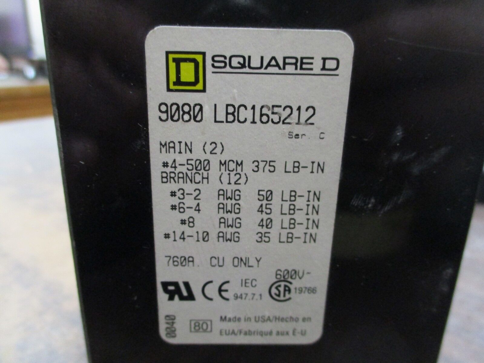 Square D Power Distribution Block 9080 LBC165212 760A 600V 1P Used