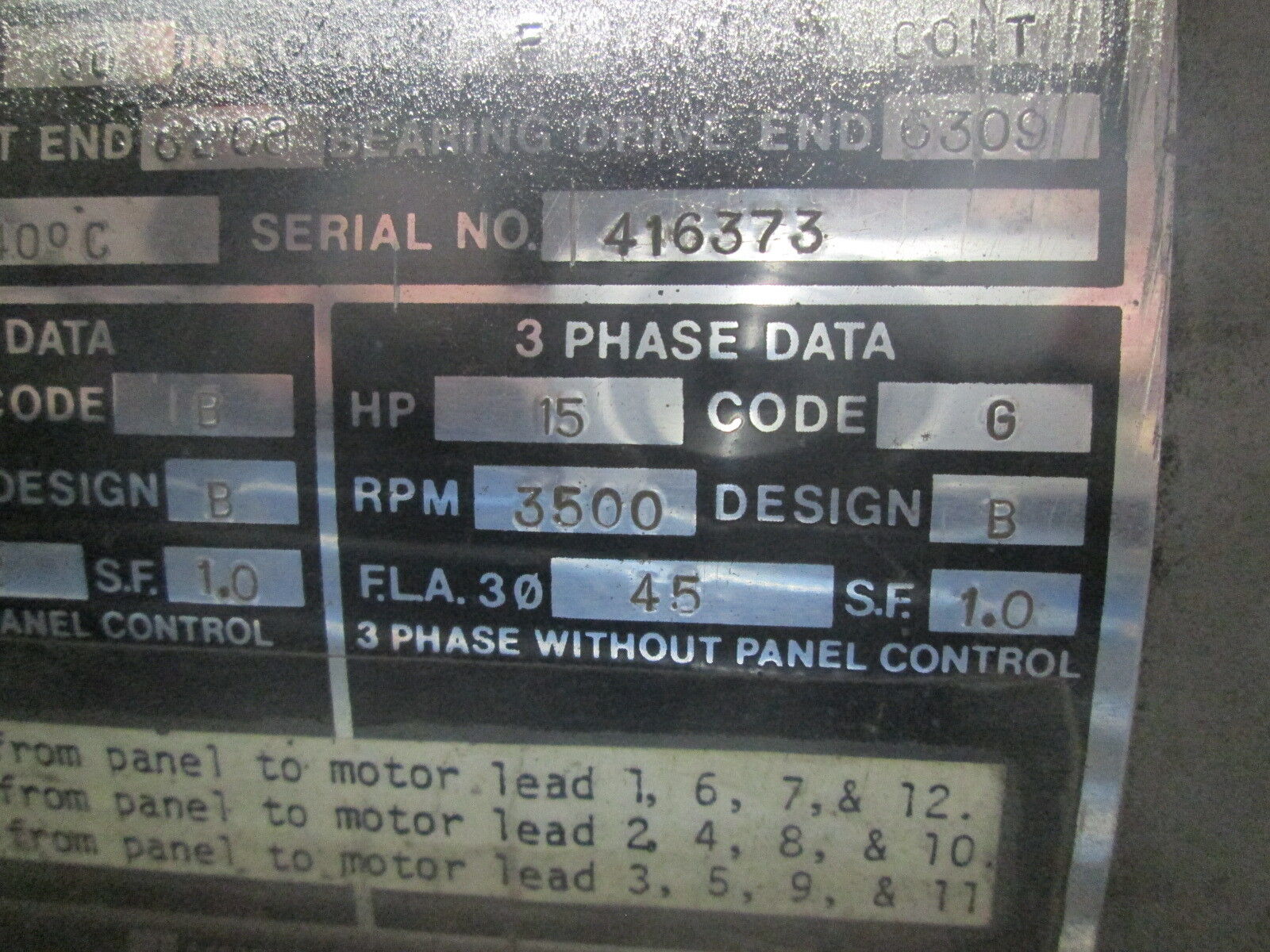 Ronk Farmpowr Motor FR: 254TZ 15HP 3500RPM 240V Used