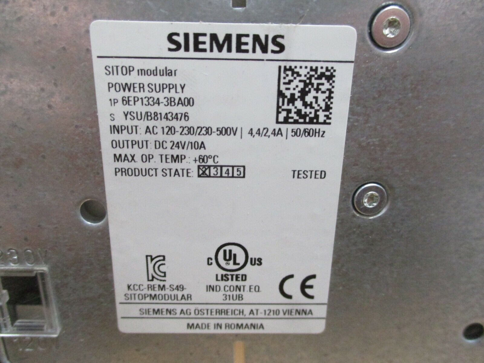 Siemens SITOP Modular Power Supply 6EP1334-3BA00 Output: 24VDC, 10A Used