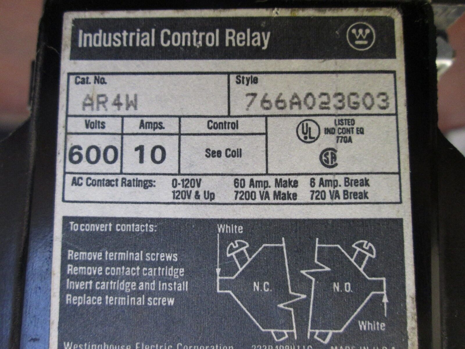 Westinghouse Industrial Control Relay AR4W 10A 600V 480V Coil Used
