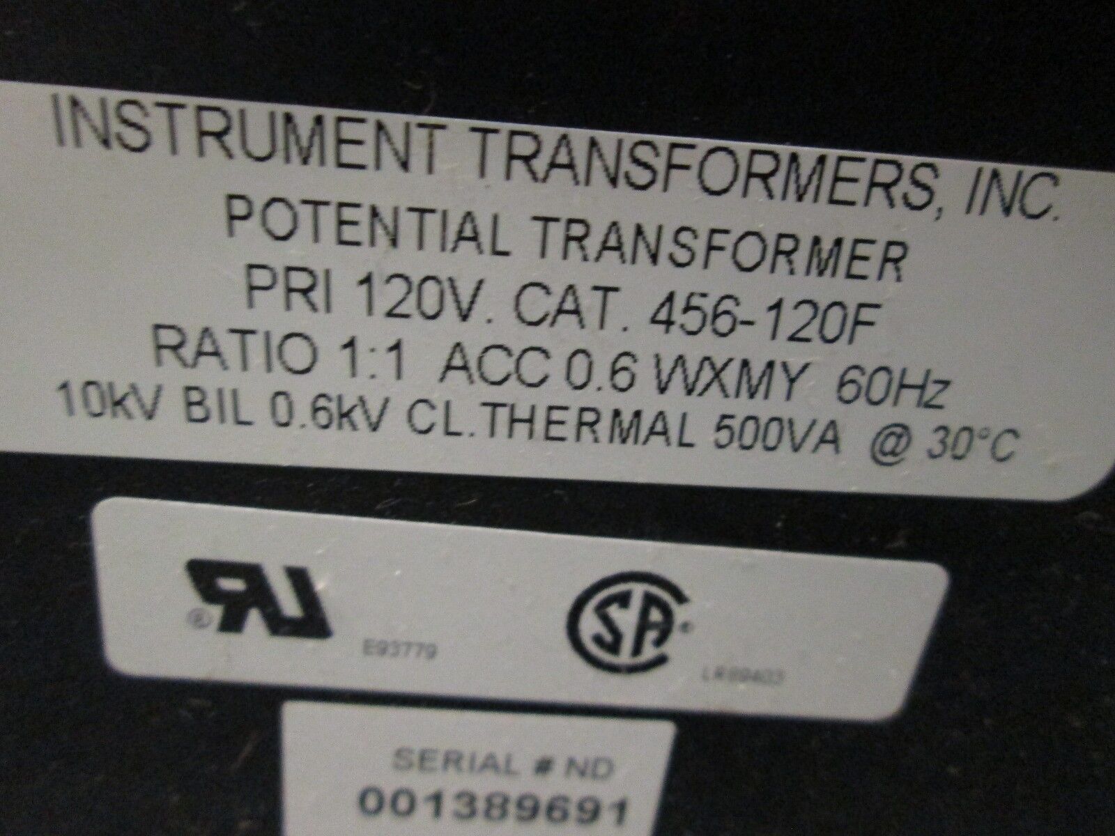 Instrument Transformers Potential Transformer 456-120F Pri 120V 1:1 Ratio 500VA