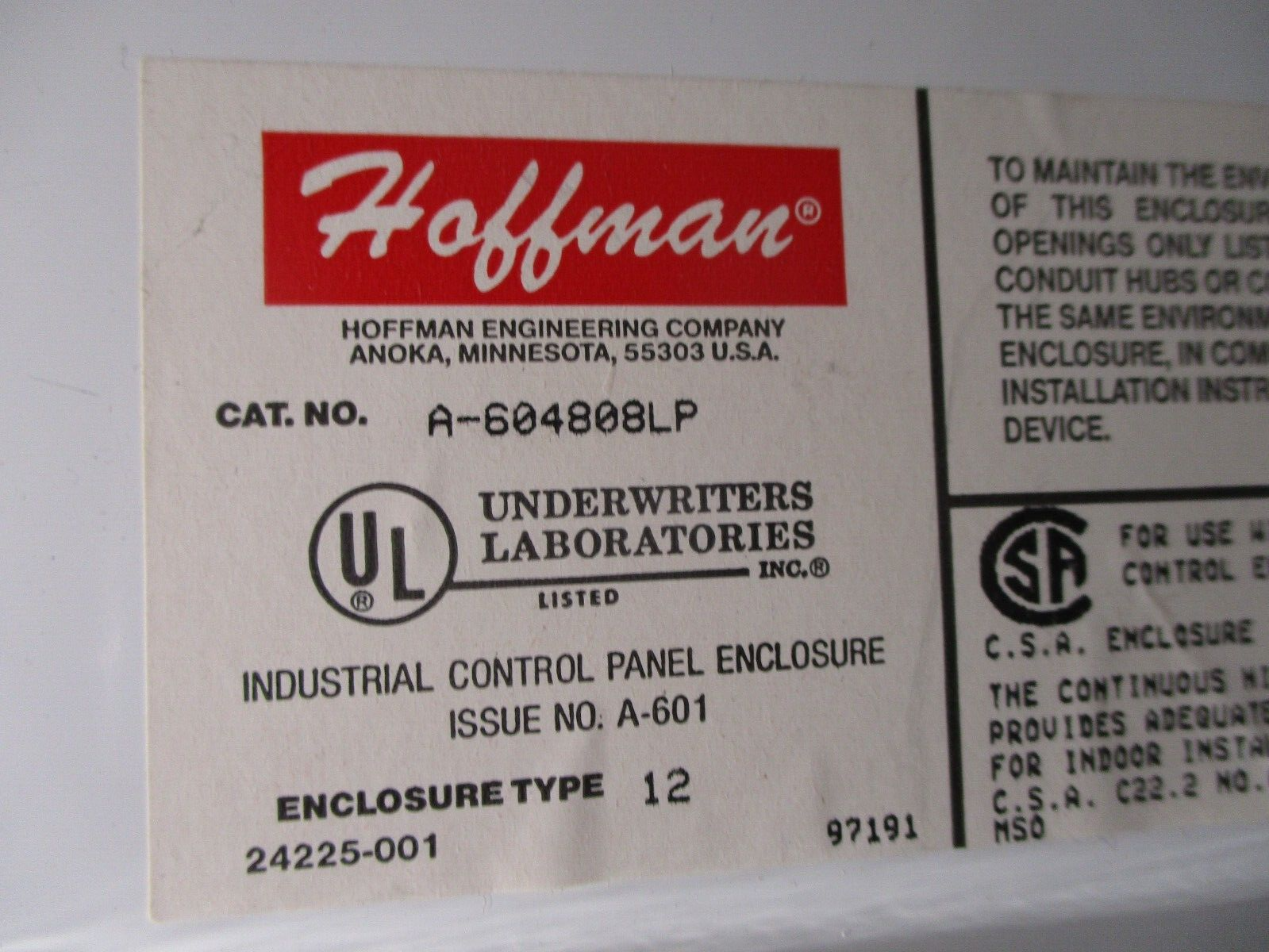 Hoffman Type 12 Enclosure A-604808LP Size: 60" x 48" x 8" *Broken Handle* Used