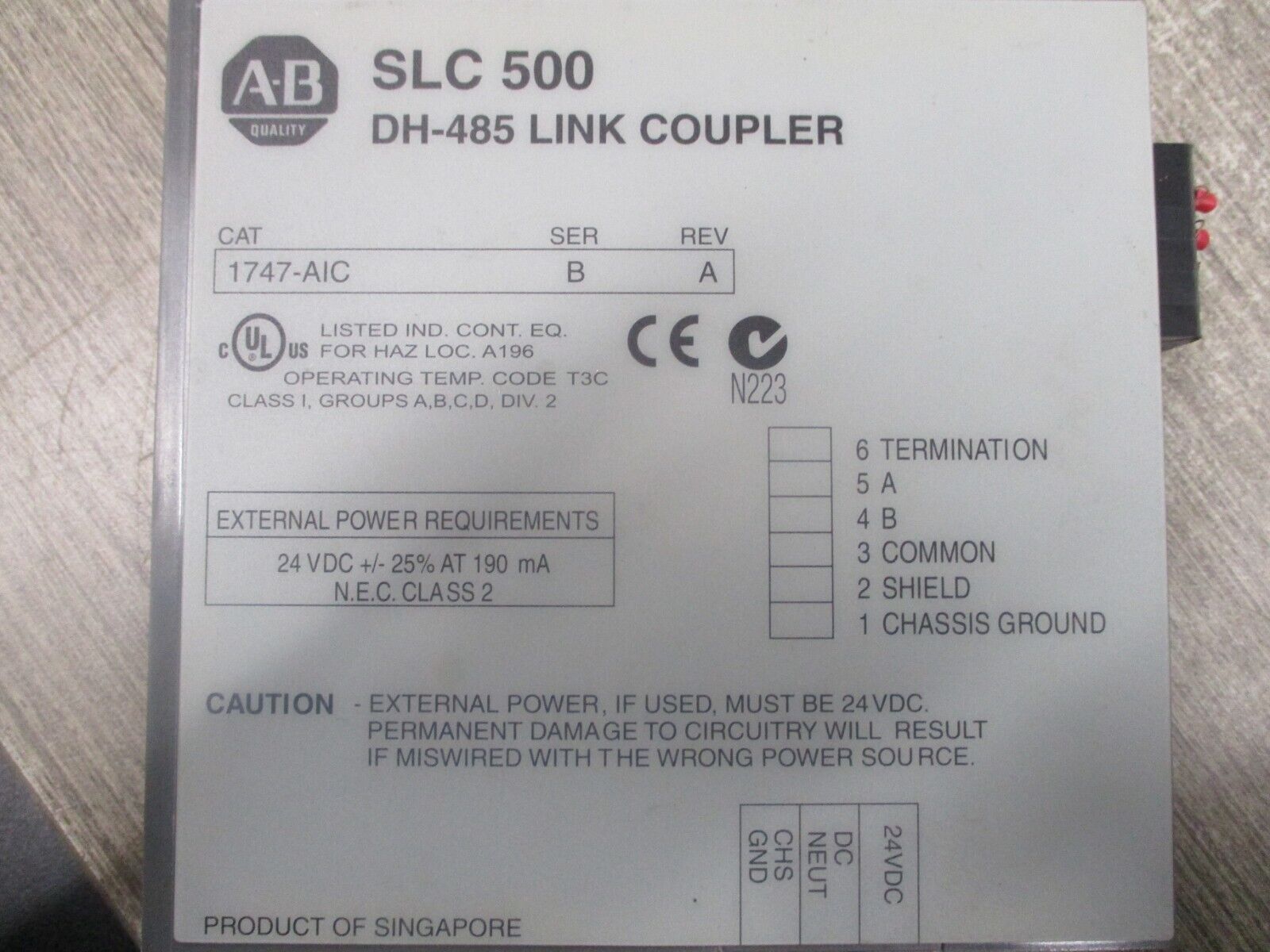 Allen-Bradley SLC 500 DH-485 Link Coupler 1747-AIC Ser. B 24VDC 190mA Used