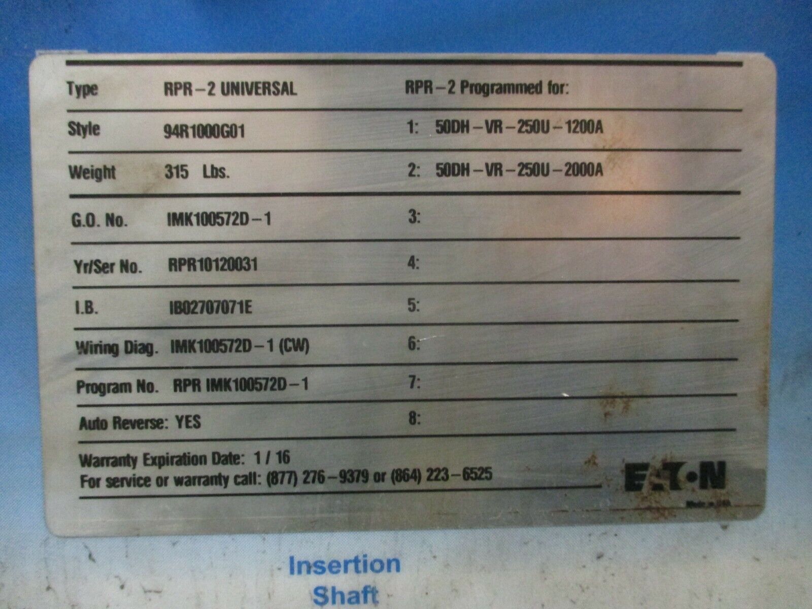 Eaton RPR-2 Universal Remote Power Racking 94R1000G01 Used