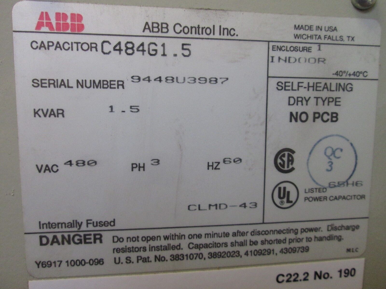 ABB Capacitor C484G1.5 1.5 KVAR 480V 60Hz 3Ph Used