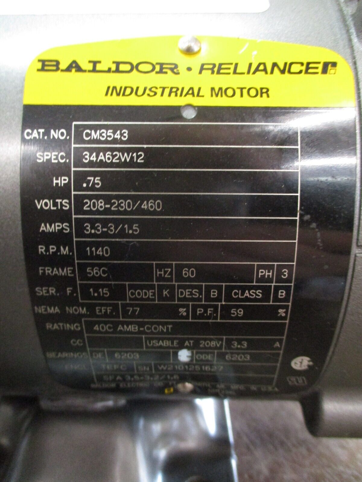 Baldor Motor CM3543 0.75HP 1200RPM 208-230/460V 3.3-3/1.5A 60Hz 3Ph *No Key*