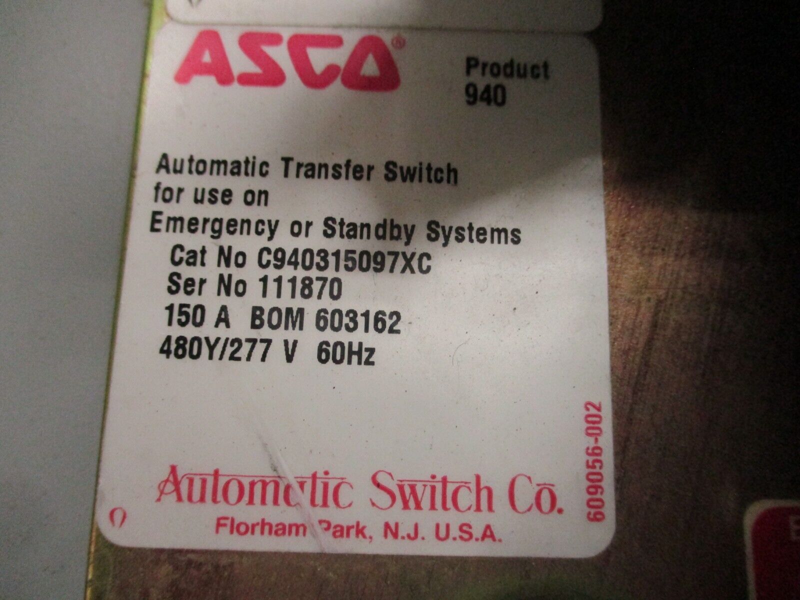 Asco 940 Automatic Transfer Switch C940315097XC 150A 480Y/277V 60Hz Used