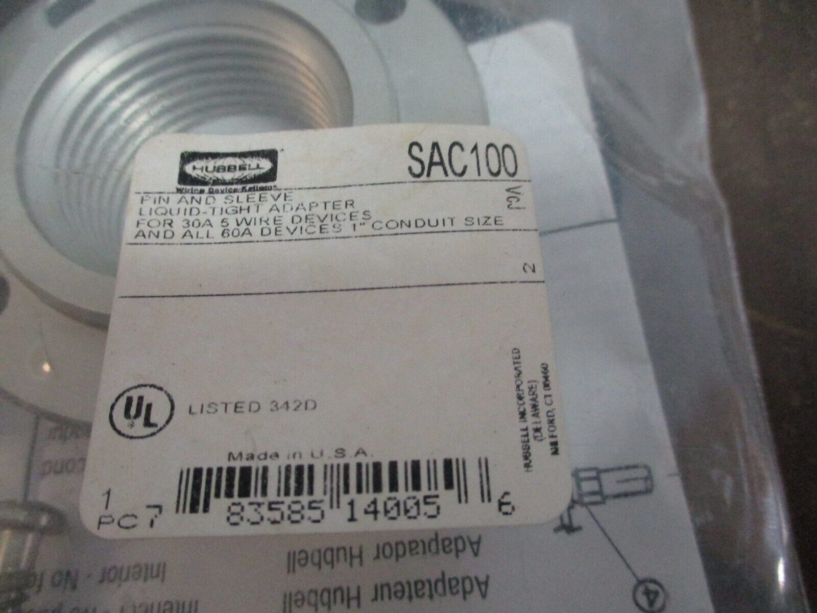 Hubbell Liquid-Tight Adapter SAC100 For: 30A 5W All 60A 1" Conduit Size