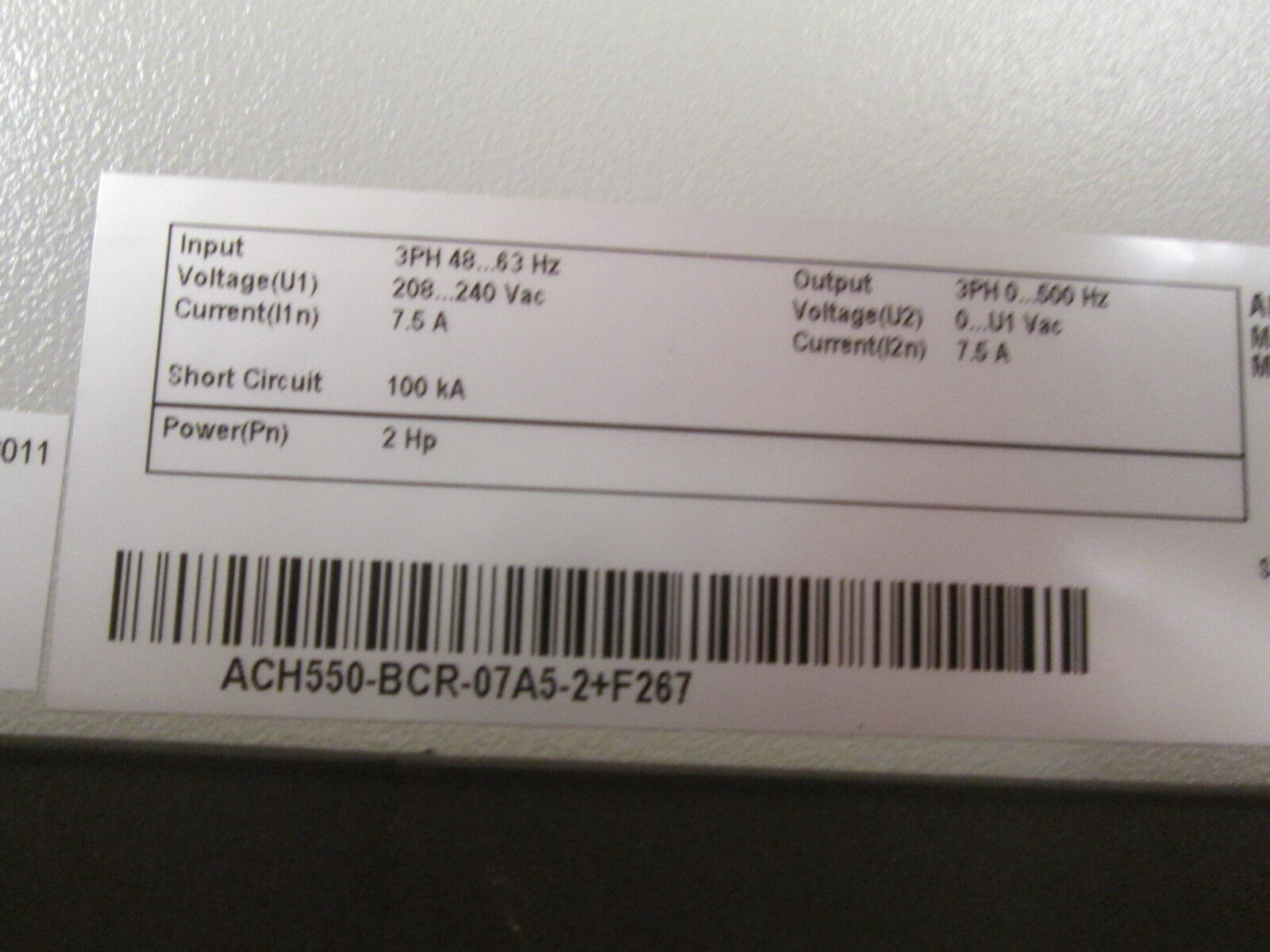 ABB ACH550 AC Drive w/ Bypass ACH550-BCR-07A5-2+F267 2HP 3Ph Used