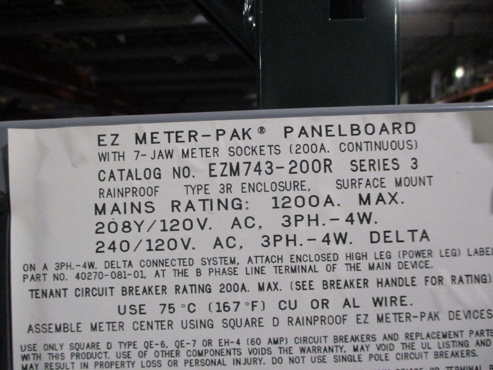 Square D 3R EZM Meter Center w/ Terminal Box EZM743200R / EZM4800TBR 6-Position