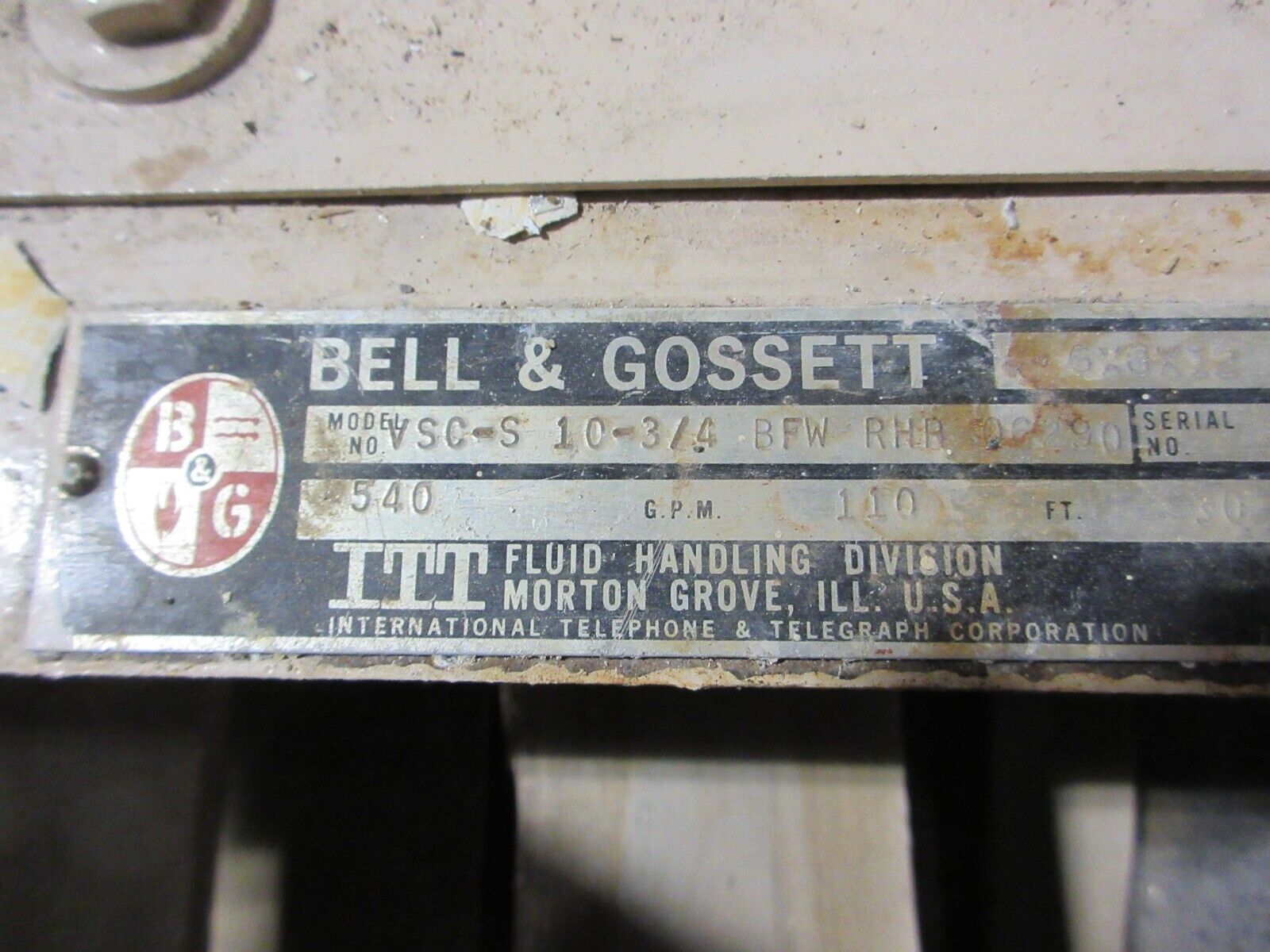 Bell & Gossett 6X6X12 Pump VSC-S 10-3/4 BFW RHR Q62901 540GPM 30HP 1750RPM Used