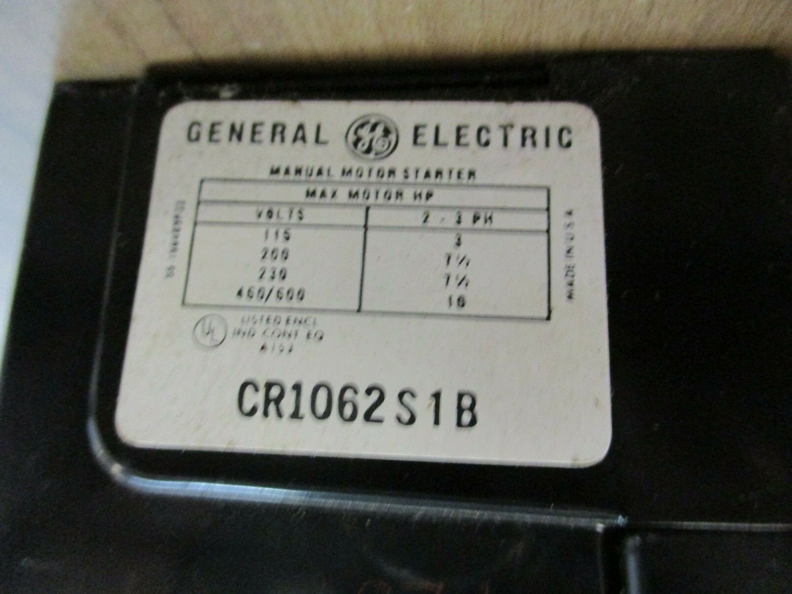 GE Manual Starter CR1062S1B 600V 10HP Used