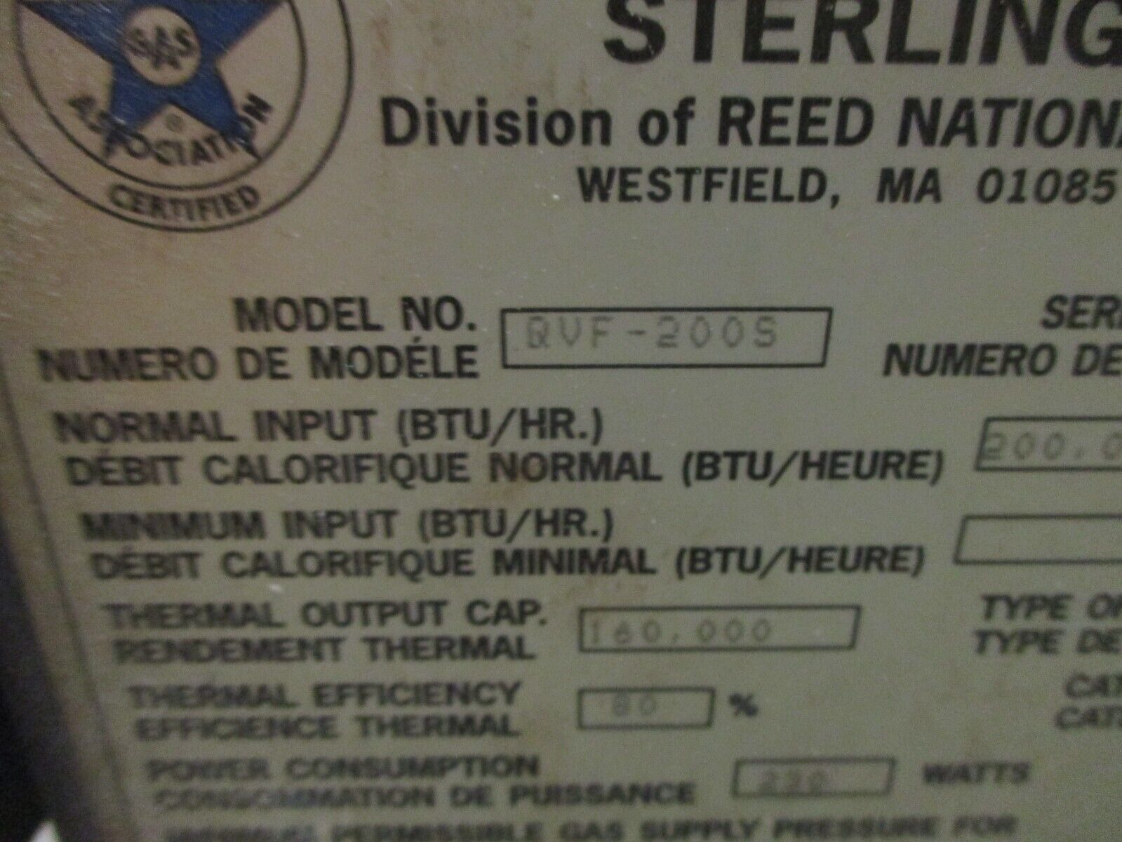 Sterling Natural Gas Heater GVF-2005 200,000BTU Input 160,000BTU Output 115V 1Ph