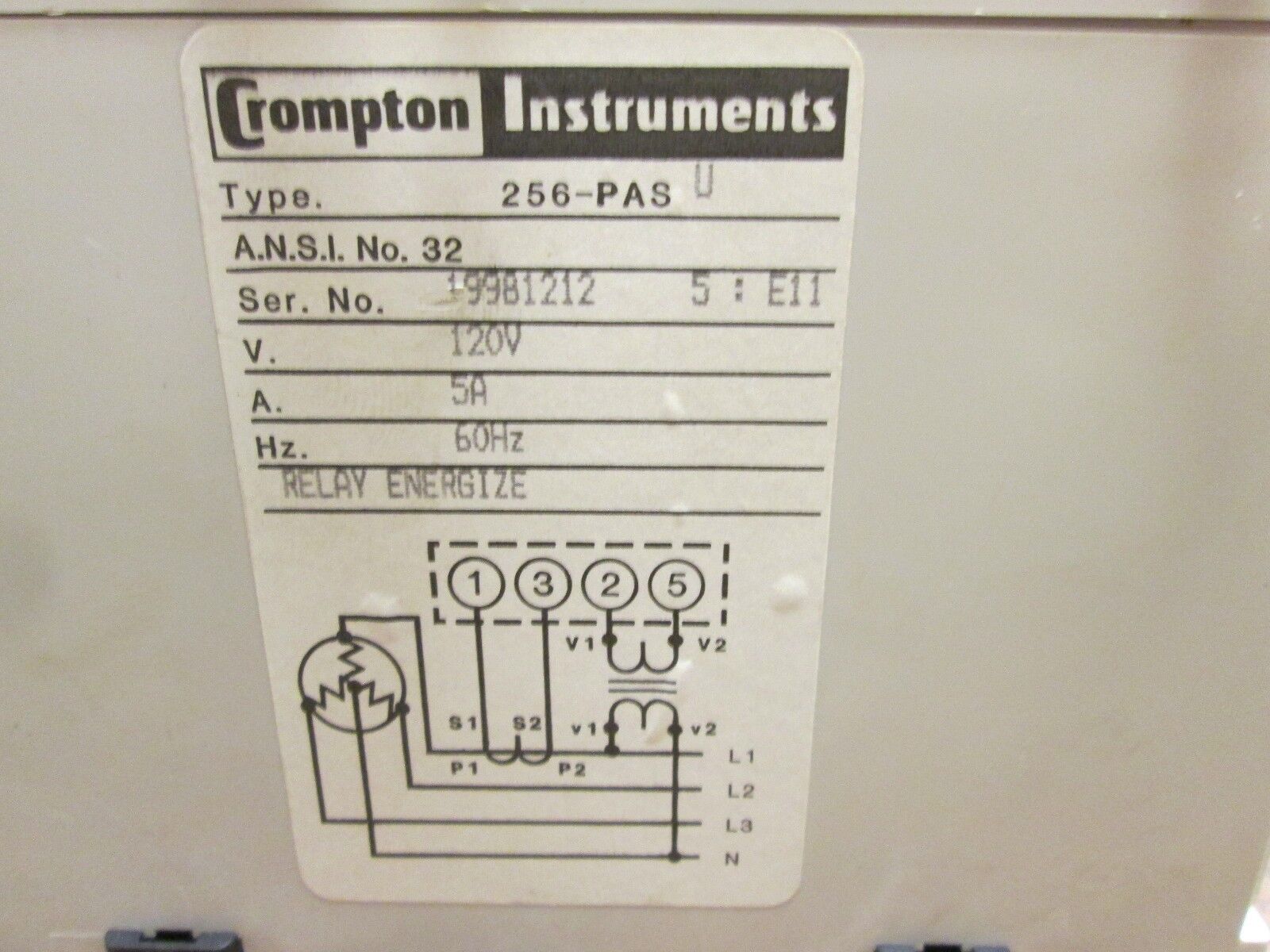Crompton Time Delay Relay 256-PASU 120V 5A 60Hz Delay: 0-20 sec Used