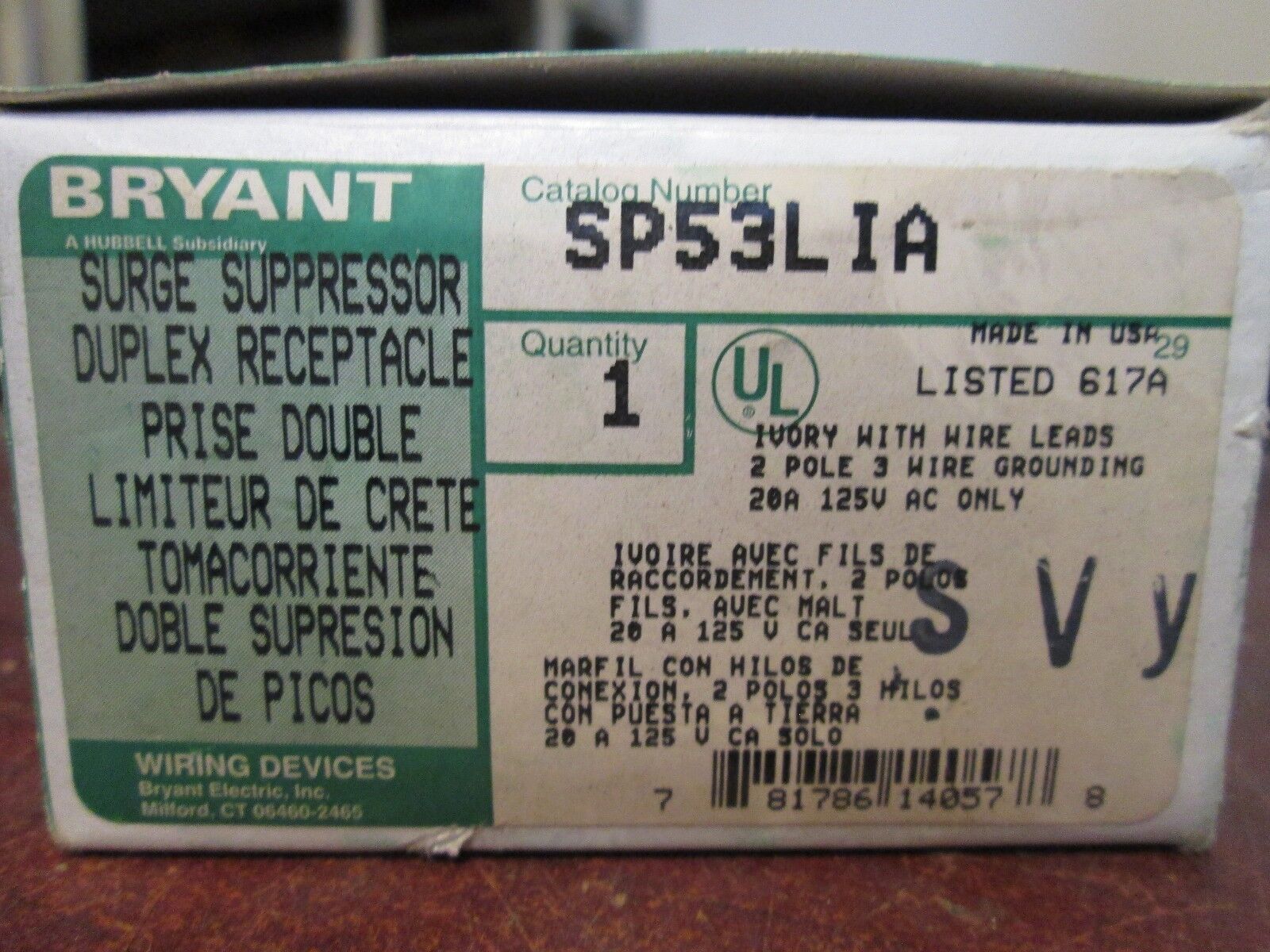 Bryant Surge Suppressor Duplex Receptacle SP53LIA 2P 3W 20A 125V New Surplus