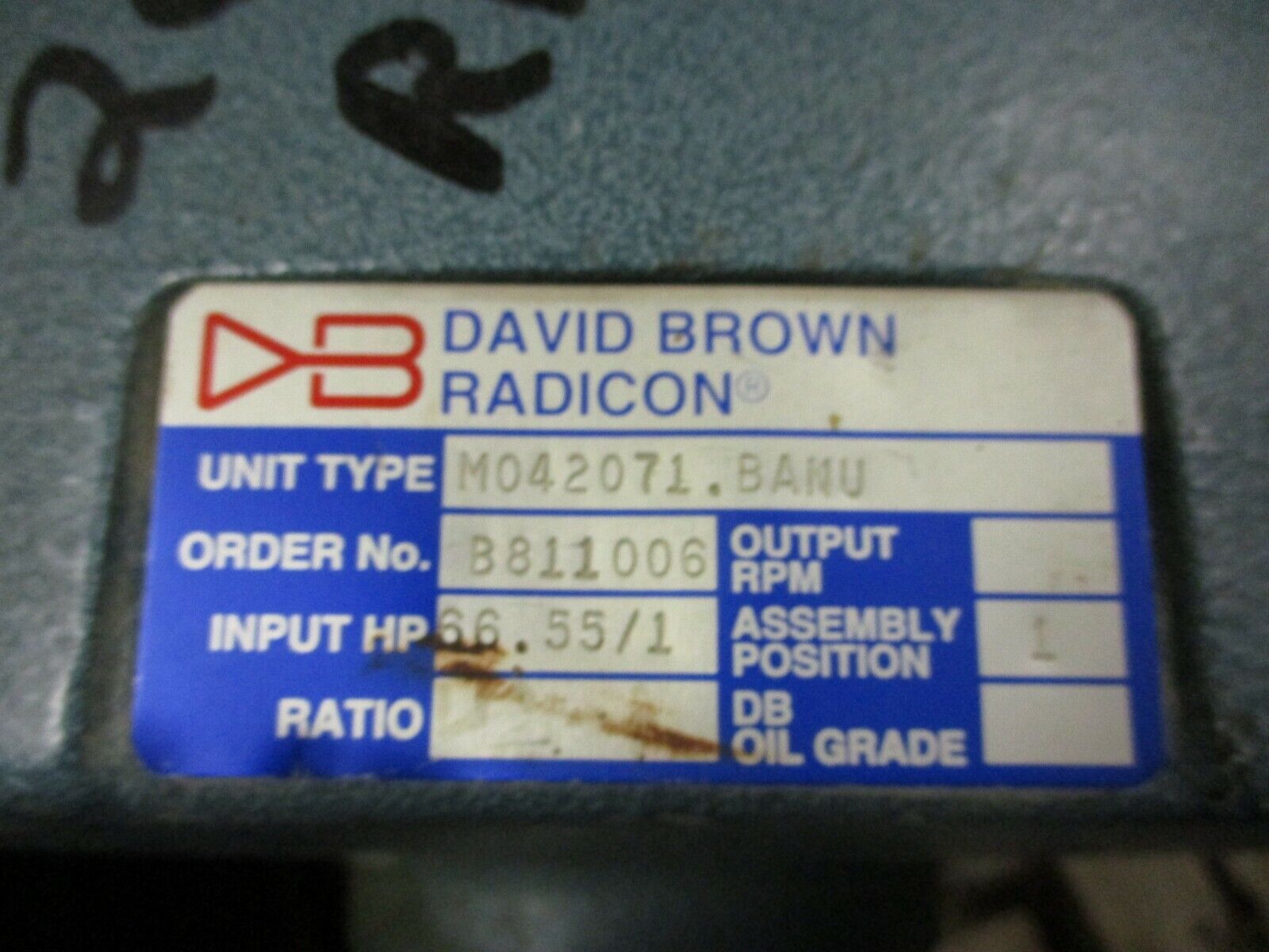 David Brown Radicon Gear Reducer M04207.BANU Ratio 66.55:1 Used