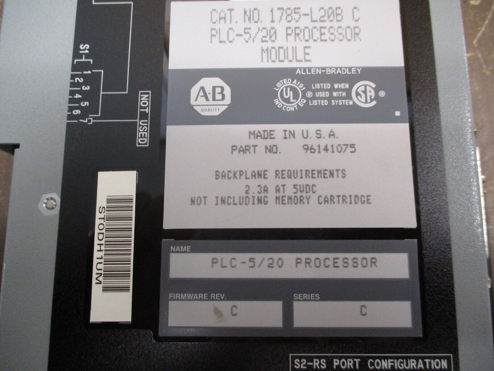 Allen-Bradley PLC-5/20 Processor Module 1785-L20B Ser. C F/W Rev. C Used