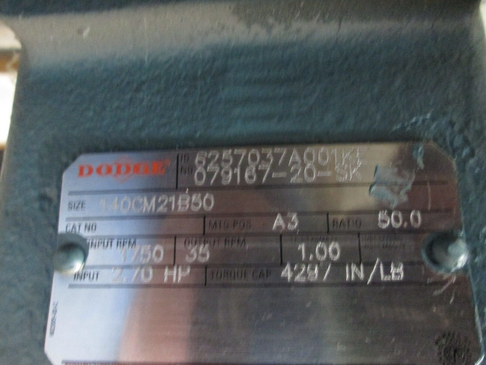Dodge Gear 140CM21B50 Ratio: 50 1750RPM 2.7HP Input Used