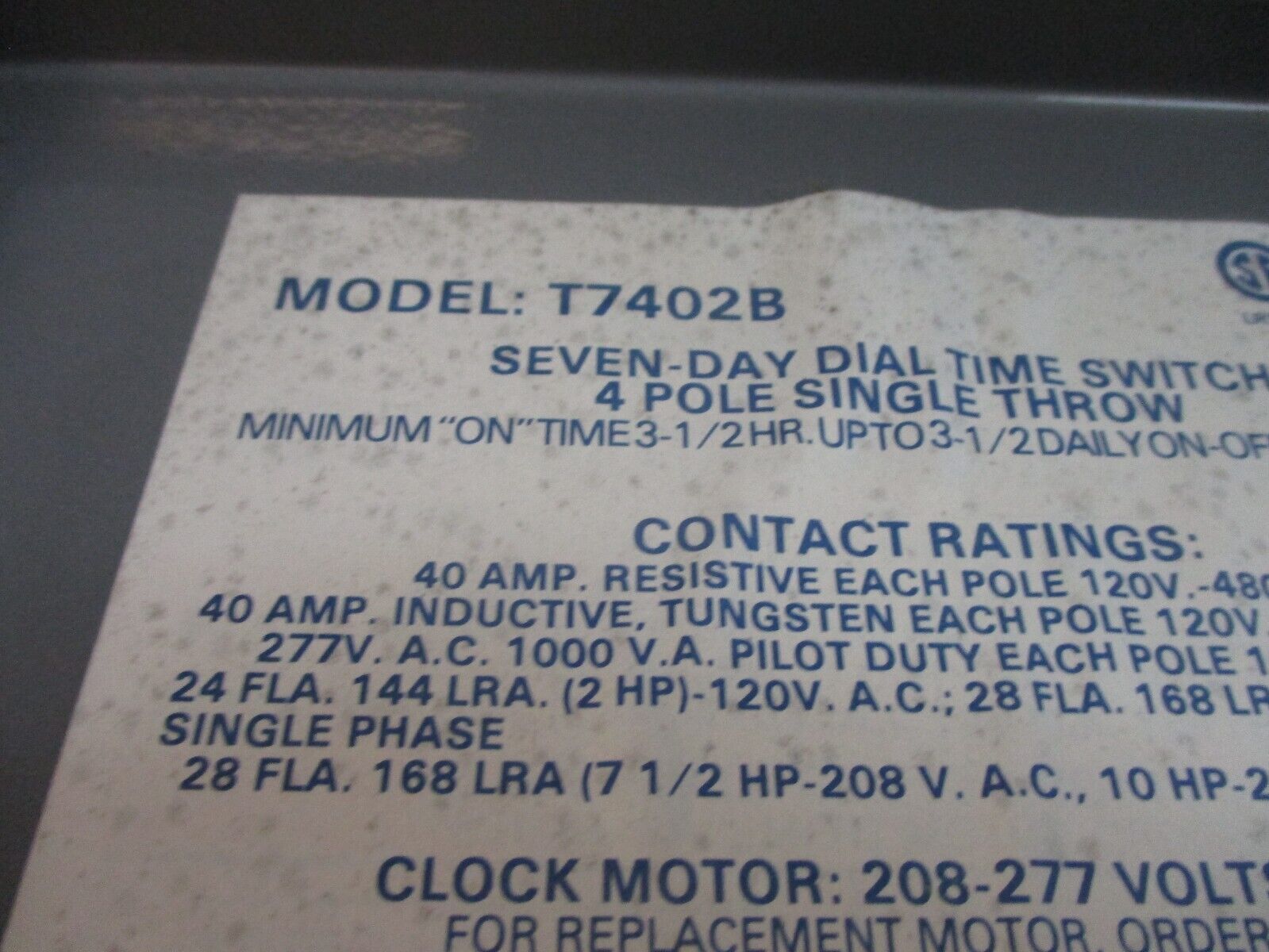 Intermatic 7-Day Dial Time Switch T7402B 4P Single Throw Used