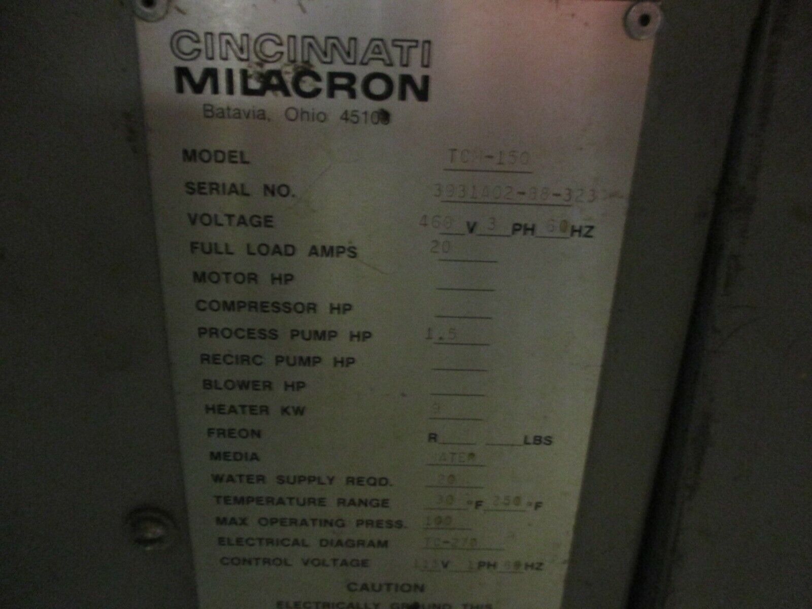Cincinnati Milacron Water Temperature Control Unit TCM-150 9KW 460V 3Ph 60Hz 20A