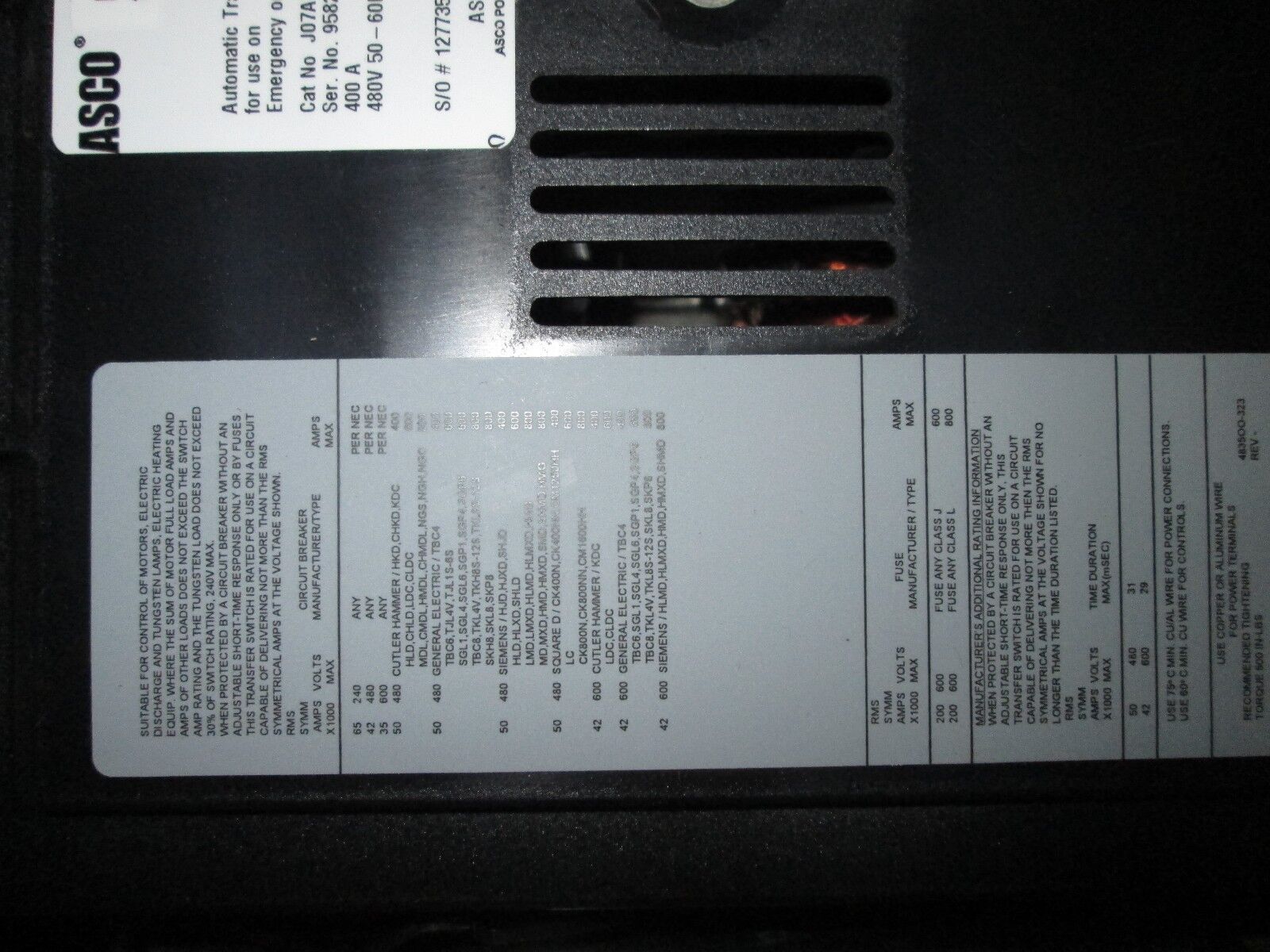 ASCO Automatic Transfer Switch, J07ATBB30400N50C, 400A 480V 4W, 700 Series, NEW