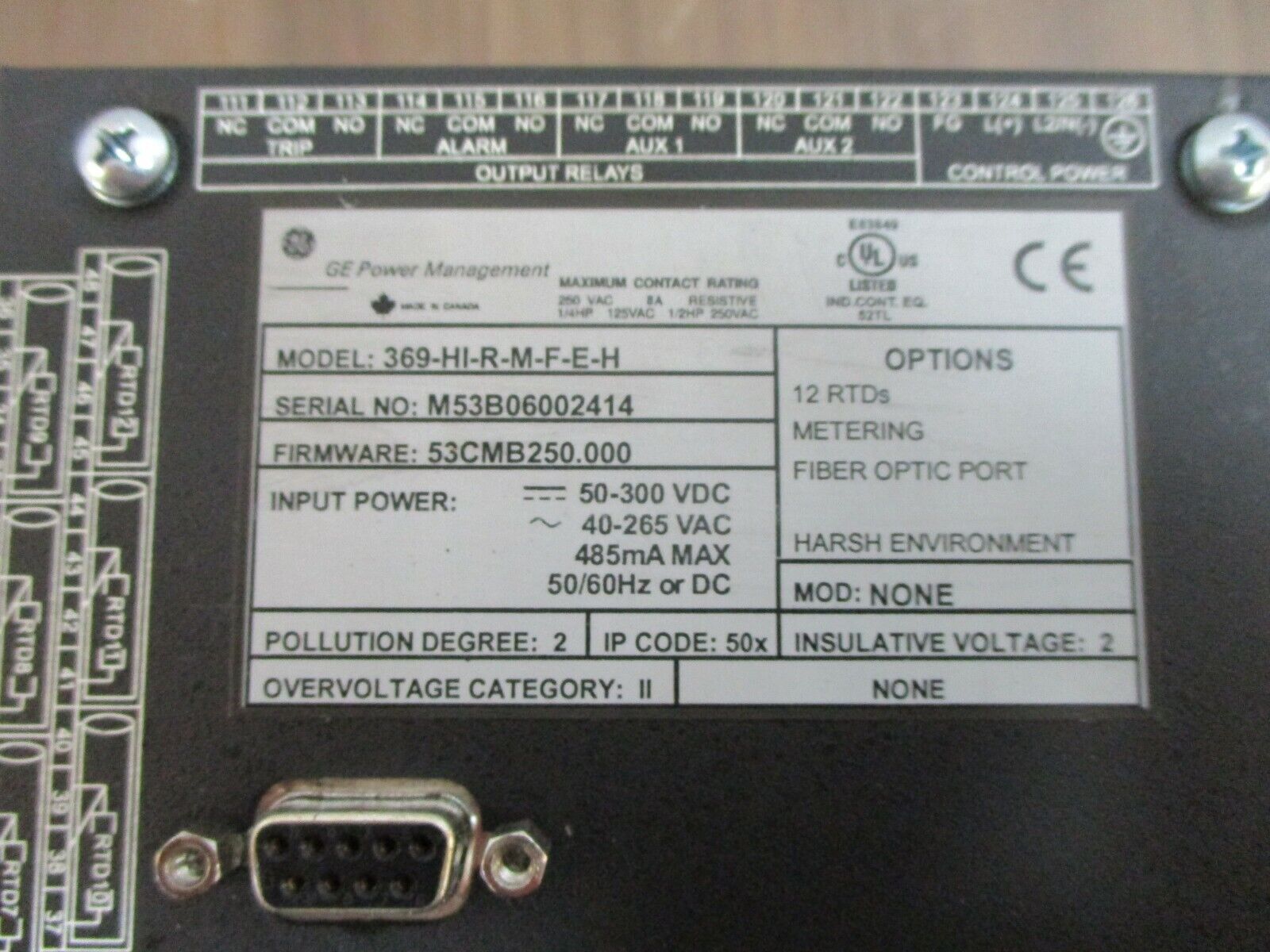 GE 369 Motor Management Relay 369-HI-R-M-F-E-H F/W: S3CMB250.000 50-300VDC Used