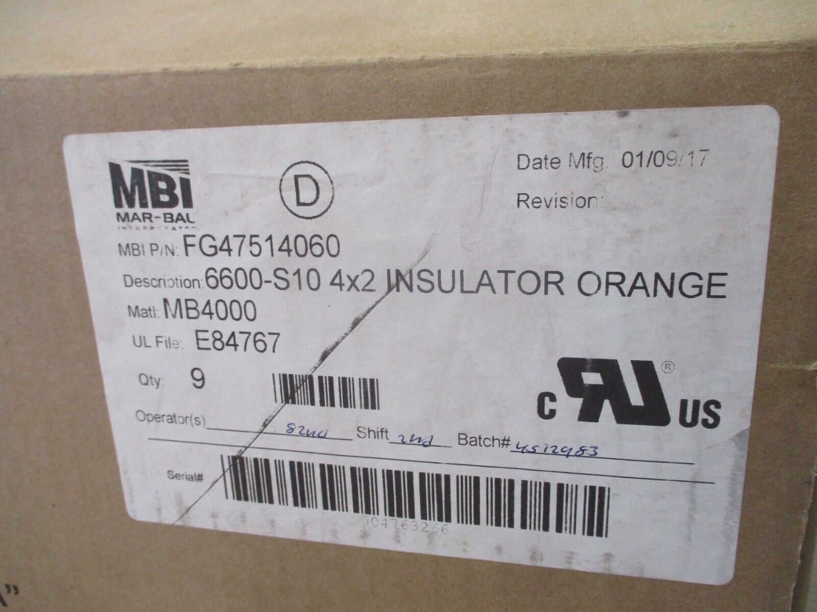 Mar-Bal MB4000 6600-S10 4x2 Insulator FG47514060 Orange *Box of 9* New Surplus