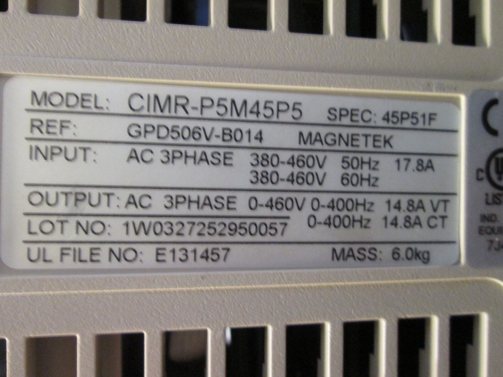 Yaskawa GPD506/P5 AC Drive w/ Manual CIMR-P5M45P5 GPD506V-B014 10HP 3Ph Used