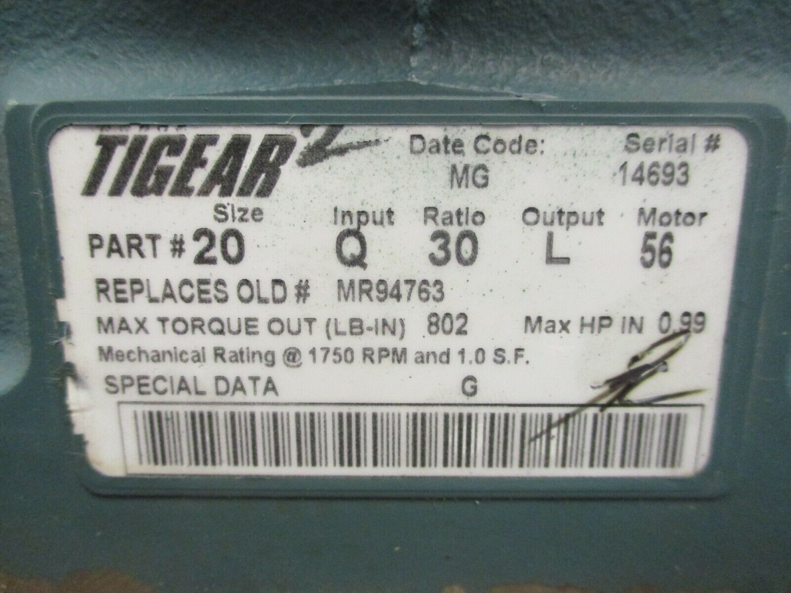 Dodge Tigear 2 Reducer 20Q30L56 Ratio 30:1 0.99HP In 802 LB-In Torque Out Used