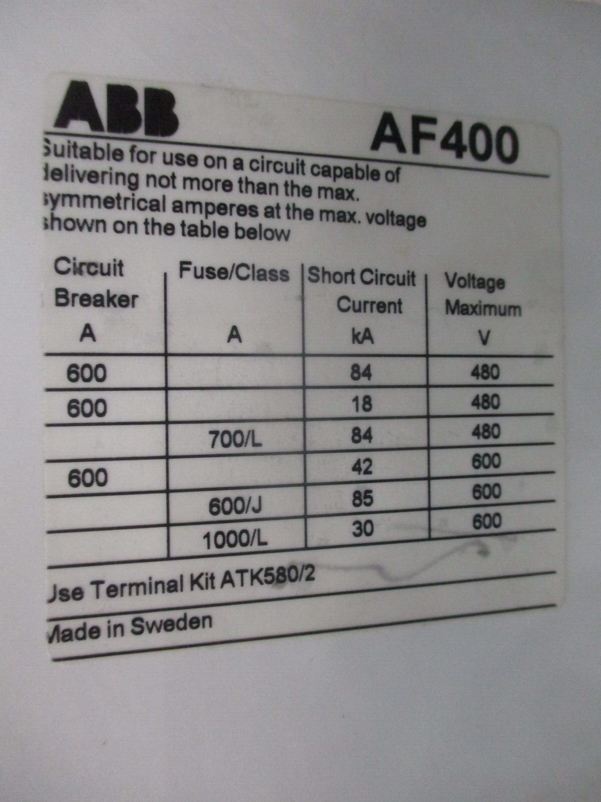 ABB Contactor AF400-30 600V 550A 100-250V AC/DC Coil Used