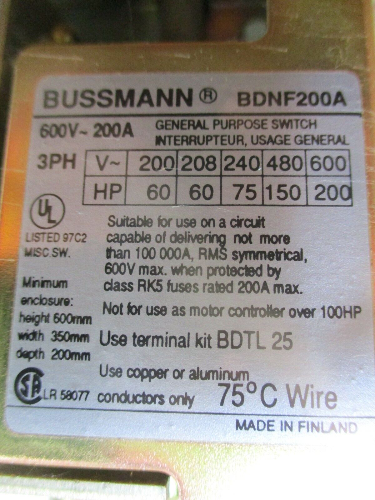 Bussmann Non-Fusible Disconnect Switch BDNF200A 200A 600V 3Ph Used