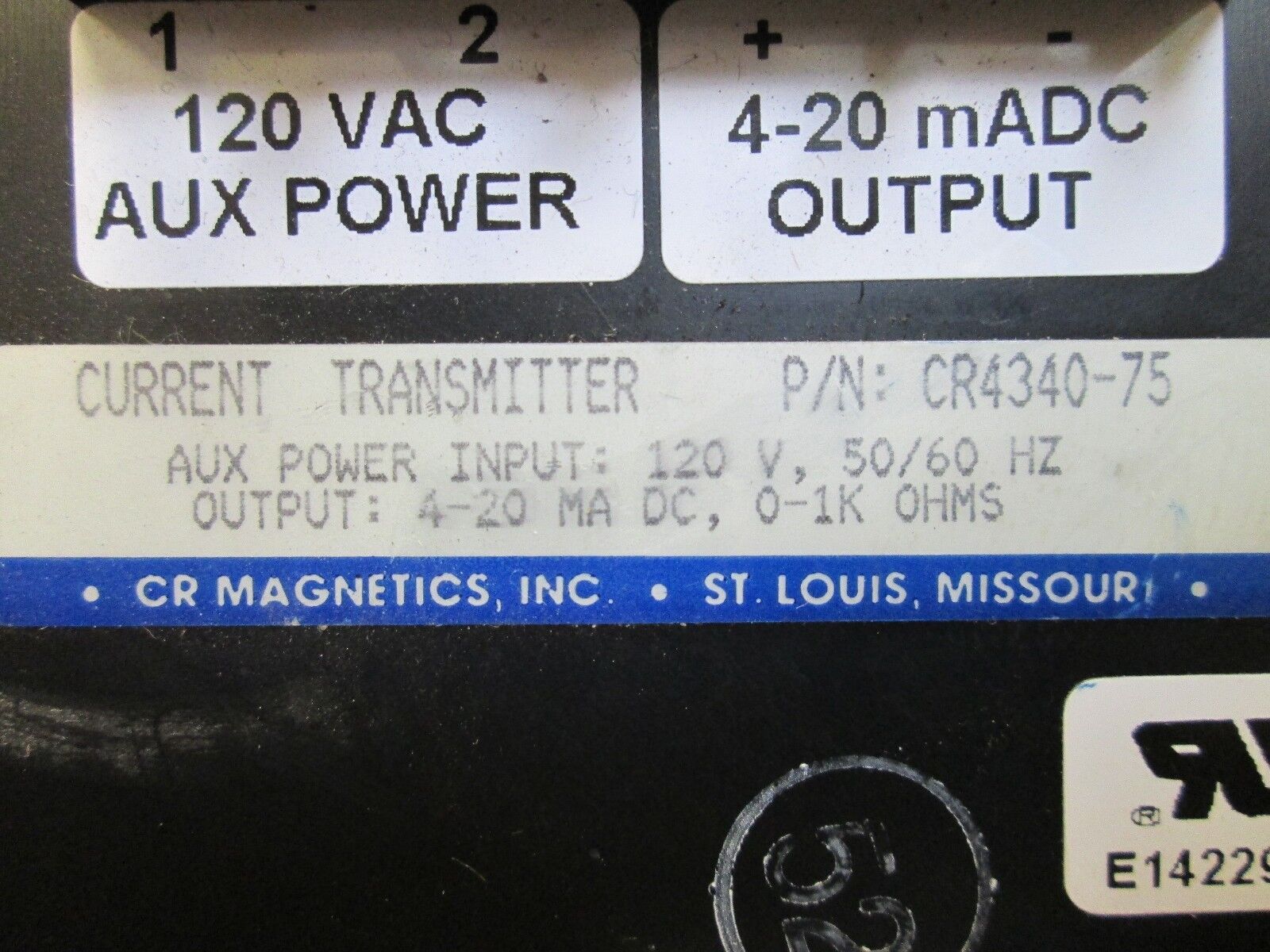 CR Magnetics Current Transmitter CR4340-75 Input: 120V Output: 4-20mA DC Used