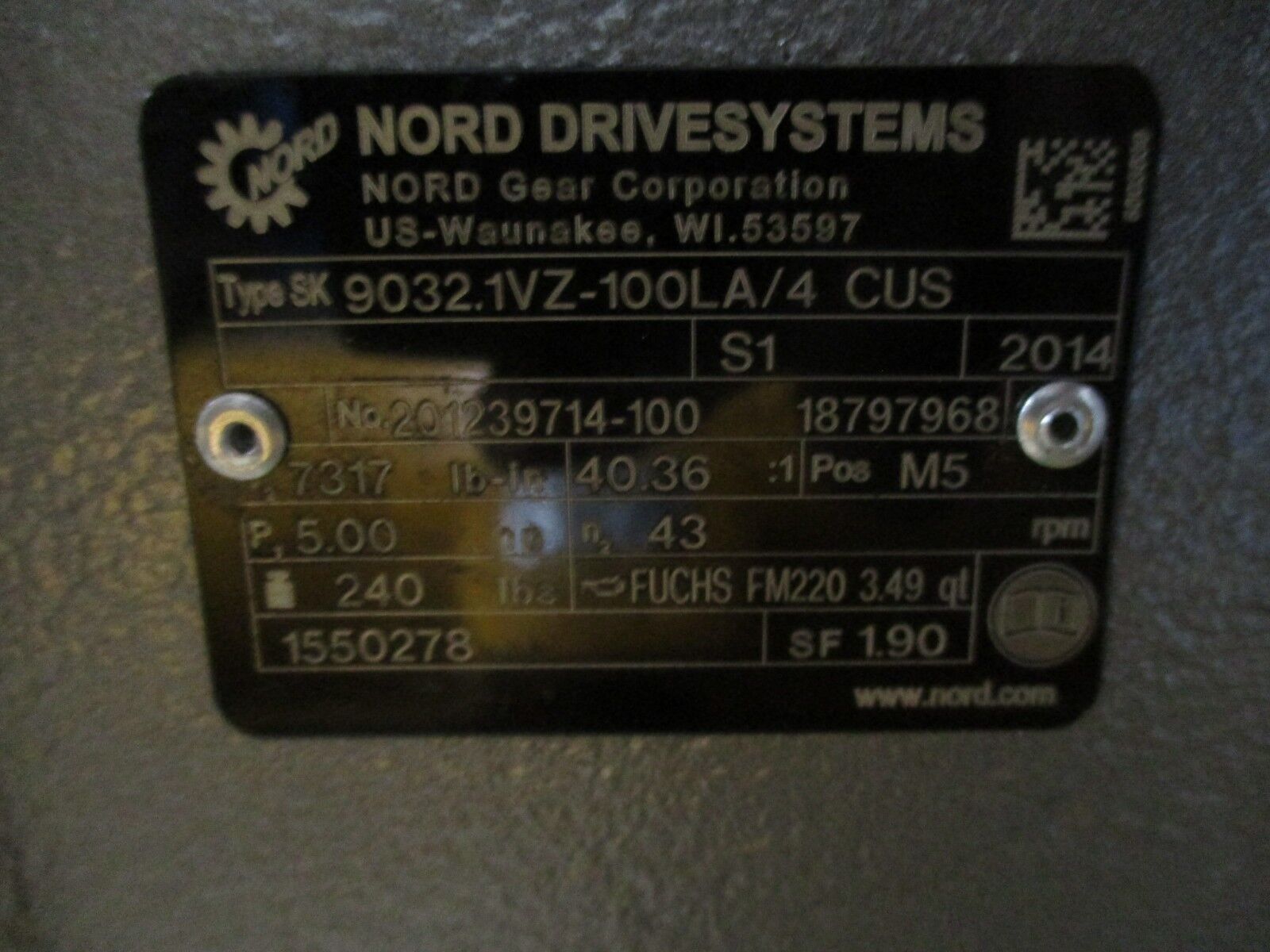Nord Gearmotor SK 9032.1VZ-100LA/4 CUS Ratio 40.36:1 5HP 43RPM Out New Surplus