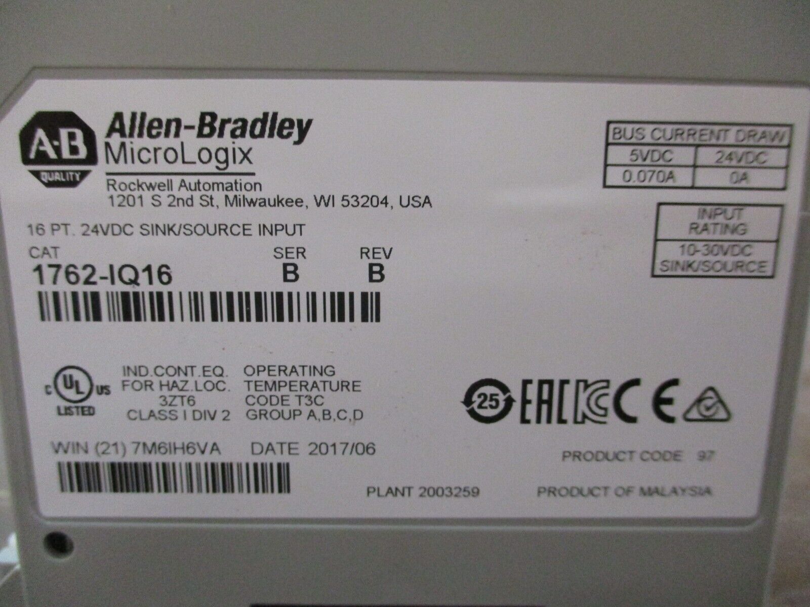 Allen-Bradley MicroLogix Sink/Source Input Module 1762-IQ16 Ser. B Rev. B 24VDC