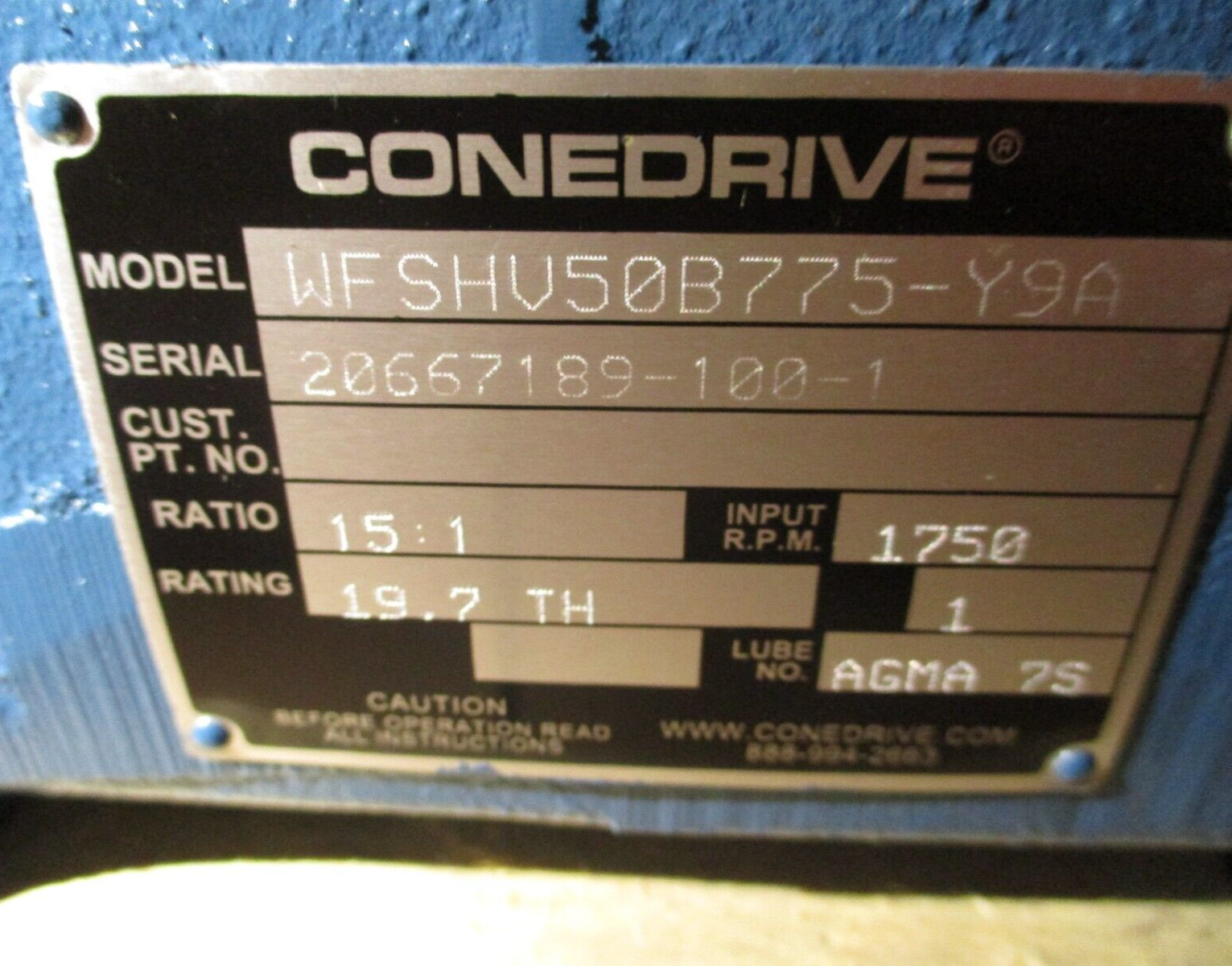 Conedrive Gearbox WFSHV50B775-Y9A Ratio 15:1 1750RPM Input New Surplus