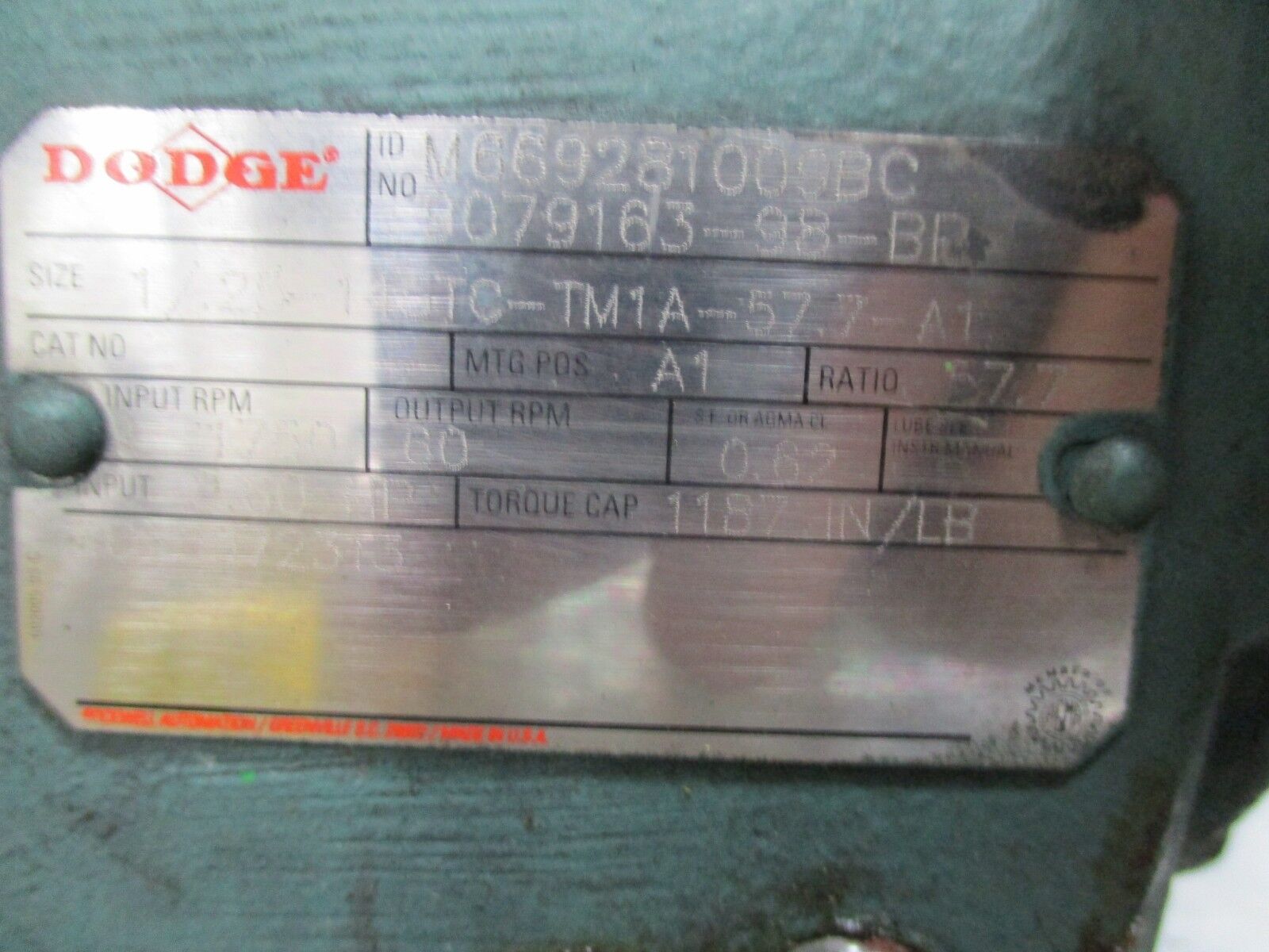 Reliance S-2000 Duty Master AC Motor w/ Gear & Brake B79K7268M 1HP Used