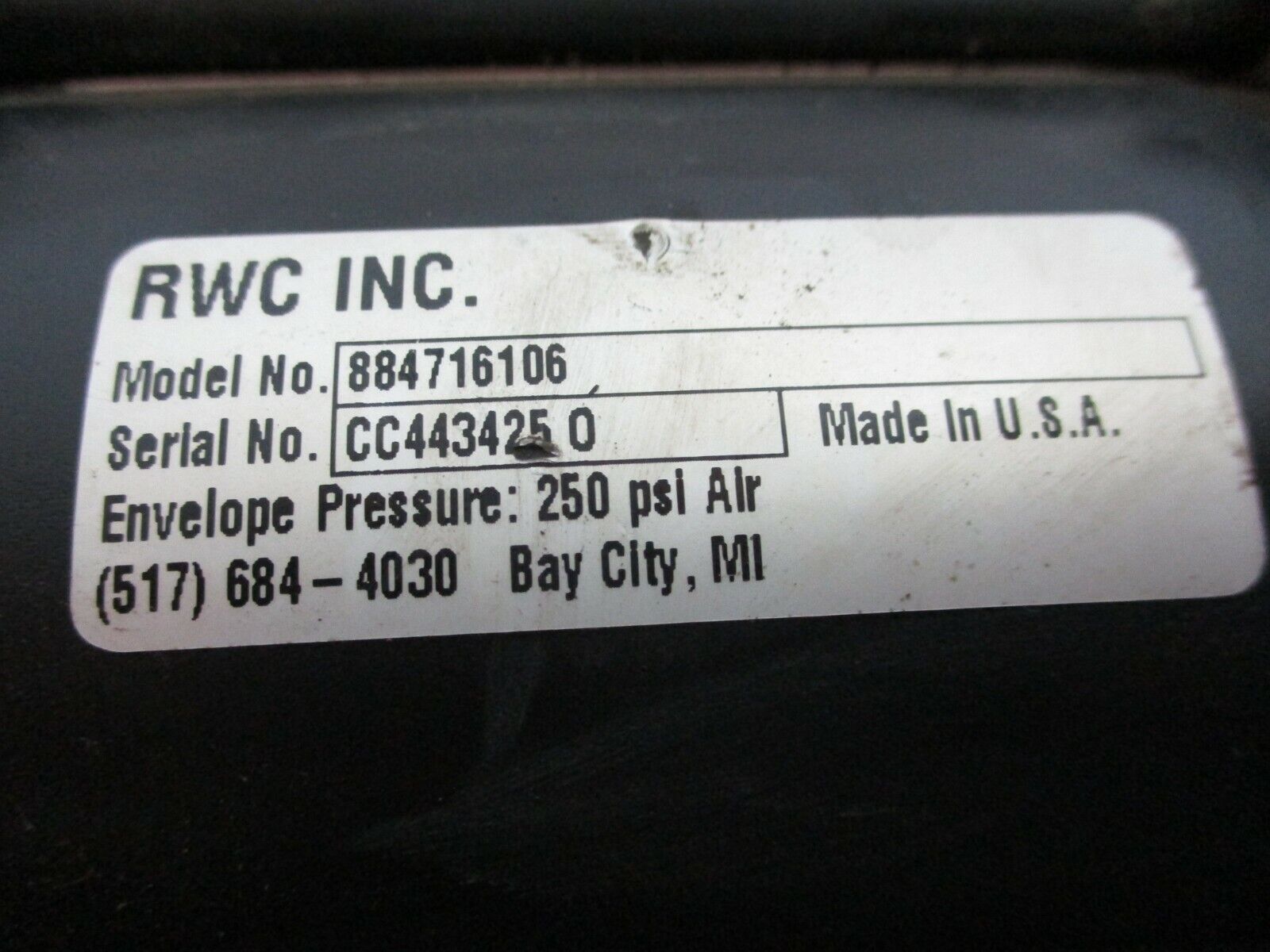 RWC Air Cylinder 884716106 250 PSI Used