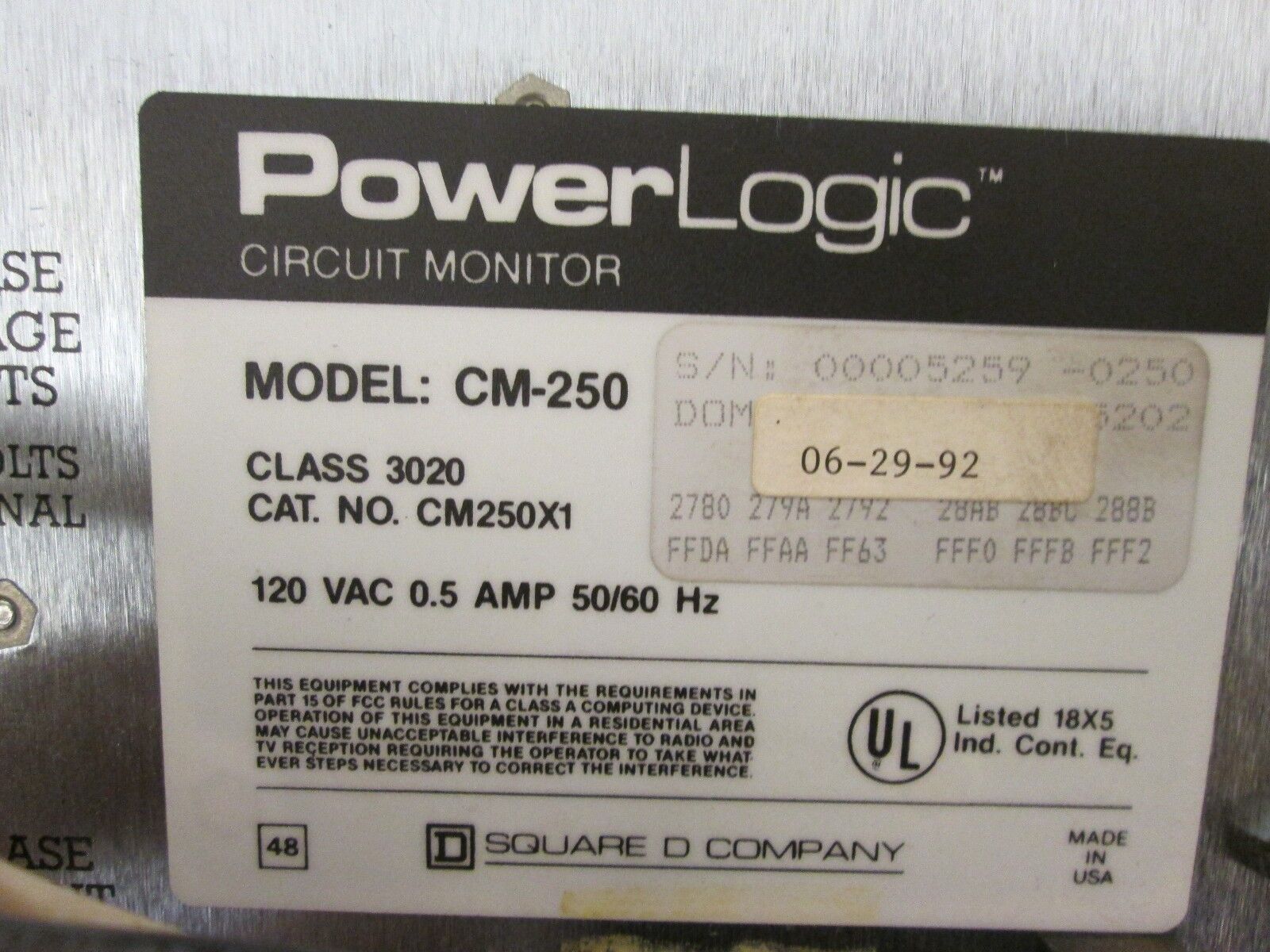Square D PowerLogic Circuit Monitor 3020 CM250X1 120VAC 0.5A 50/60Hz Used