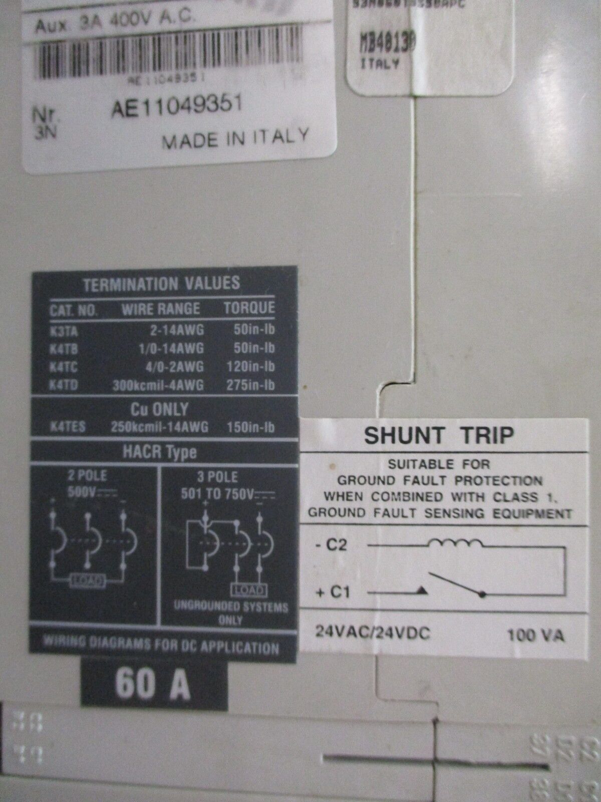 ABB Sace S3 Circuit Breaker S3N 60A 600V 3P w/ Mounting Bracket Used