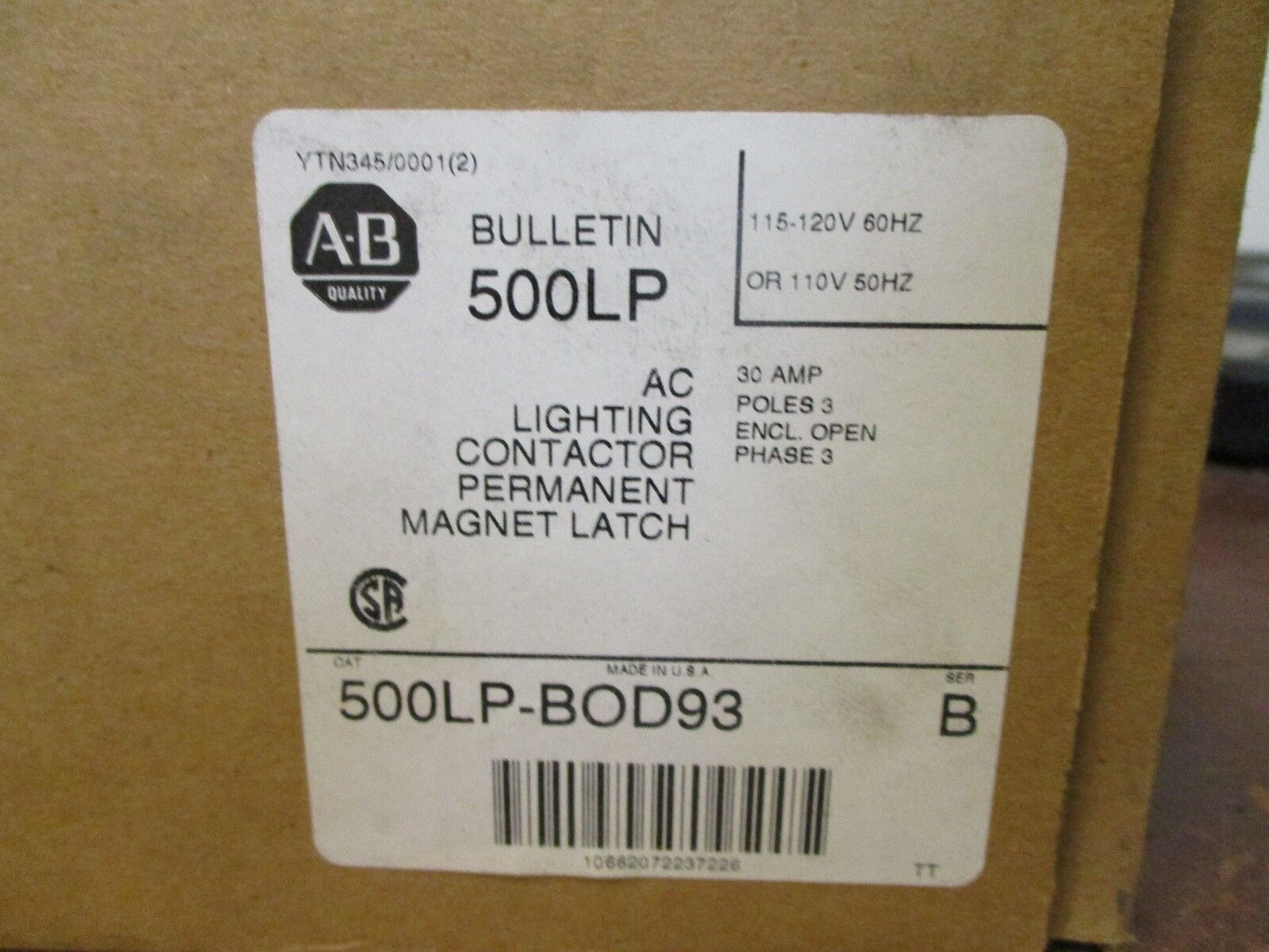 Allen-Bradley AC Lighting Contactor 500LP-B0D93 30A 3P 115-120V Coil New Surplus
